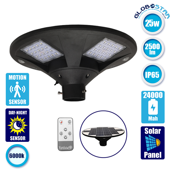 GLOBOSTAR® PARK 12112 Φωτιστικό Κεφαλής Post Top Πλατείας/Πάρκου/Κήπου με Ασύρματο IR Χειριστήριο LED 25W 2000lm 120° με Ενσωματωμένο Φωτοβολταϊκό Panel 6V 20W & Επαναφορτιζόμενη Μπαταρία Li-ion 3.2V 24000mAh με Αισθητήρα Κίνησης-Ημέρας-Νύχτας Αδιάβροχο IP65 Ψυχρό Λευκό 6000K - Γκρι Ανθρακί - Μ50 x Π50 x Υ19cm - 2 Χρόνια Εγγύηση