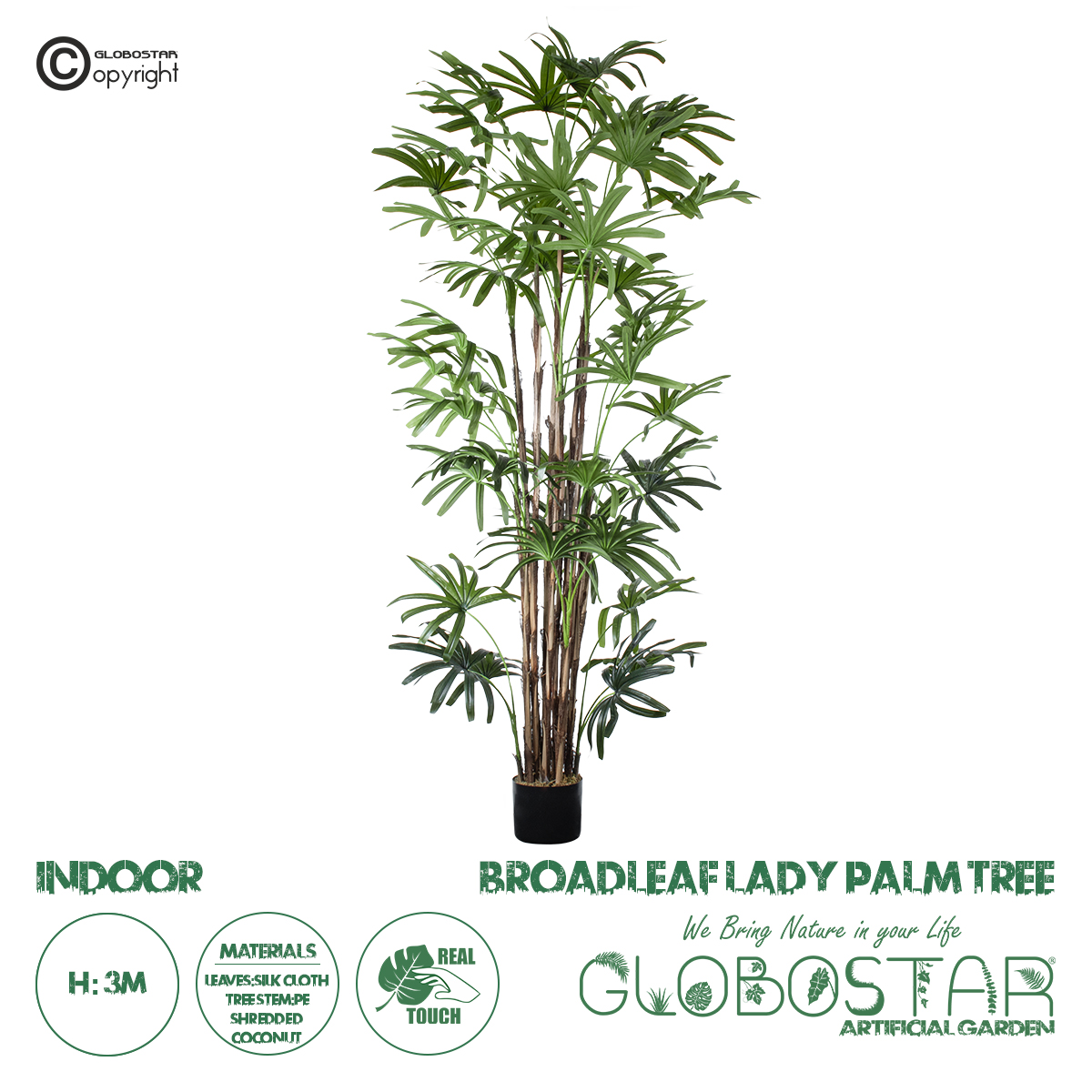 GloboStar® Artificial Garden BROADLEAF LADY PALM TREE 20384 Τεχνητό Διακοσμητικό Φυτό Πλατύφυλλος Φοίνικας Μπαμπού Υ300cm