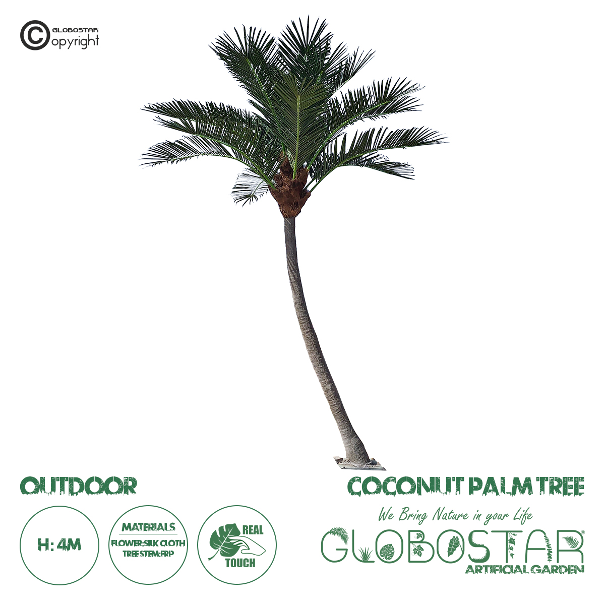 GloboStar® Artificial Garden CURVED COCONUT PALM TREE 20443 Τεχνητό Διακοσμητικό Κυρτό Φοινικόδεντρο Κοκοφοίνικας Εξωτερικού Χώρου IP68 UV Certified Protection Υ400cm
