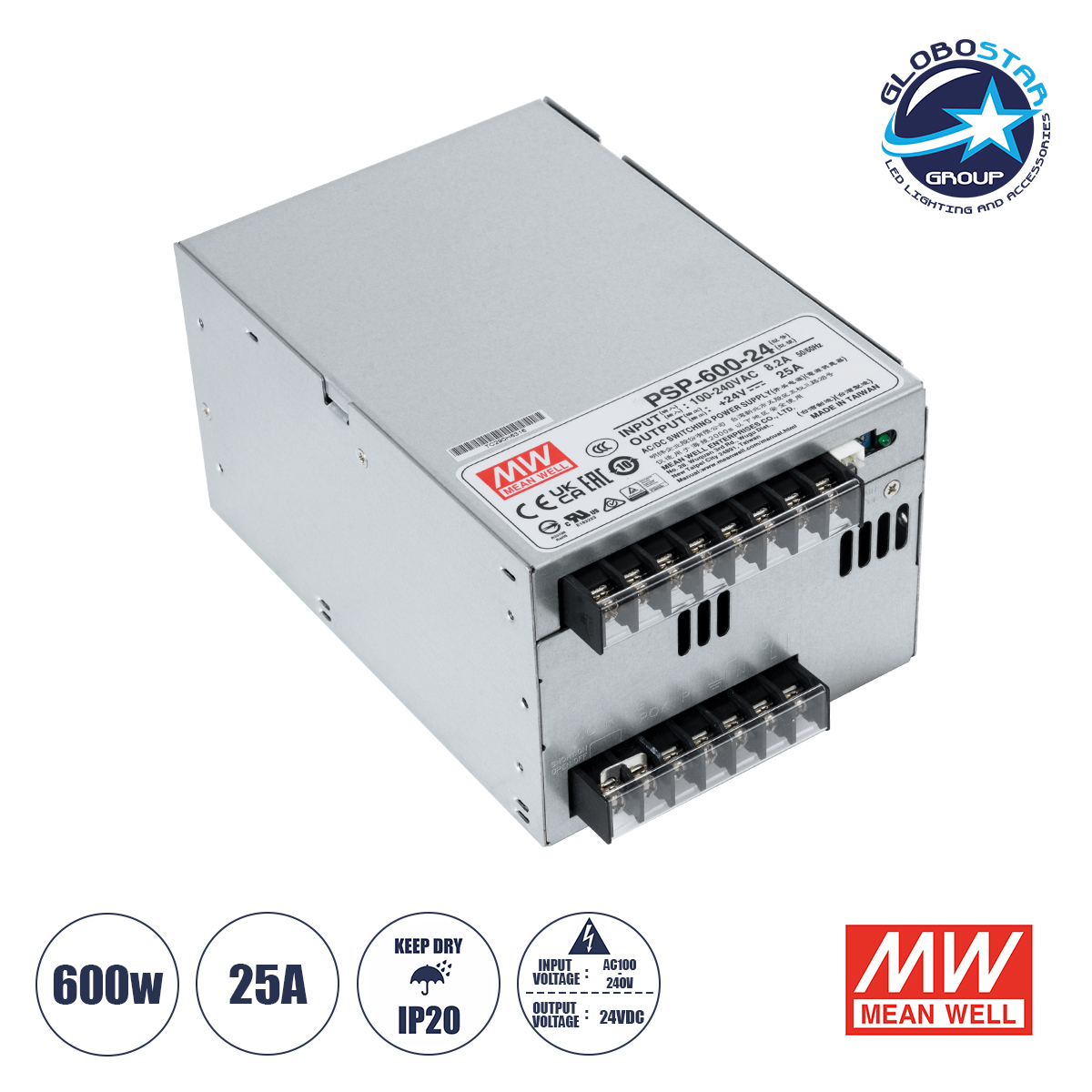 GLOBOSTAR® MEANWELL-PSP600-24 90791 Τροφοδοτικό/Μετασχηματιστής Class I PELV 600W 25A AC 220-240V σε DC 24V IP20 - Ρυθμιζόμενo από DC 20V έως DC 26.4V - Ασημί - Μ17 x Π12 x Υ9.3cm - 3 Χρόνια Εγγύηση