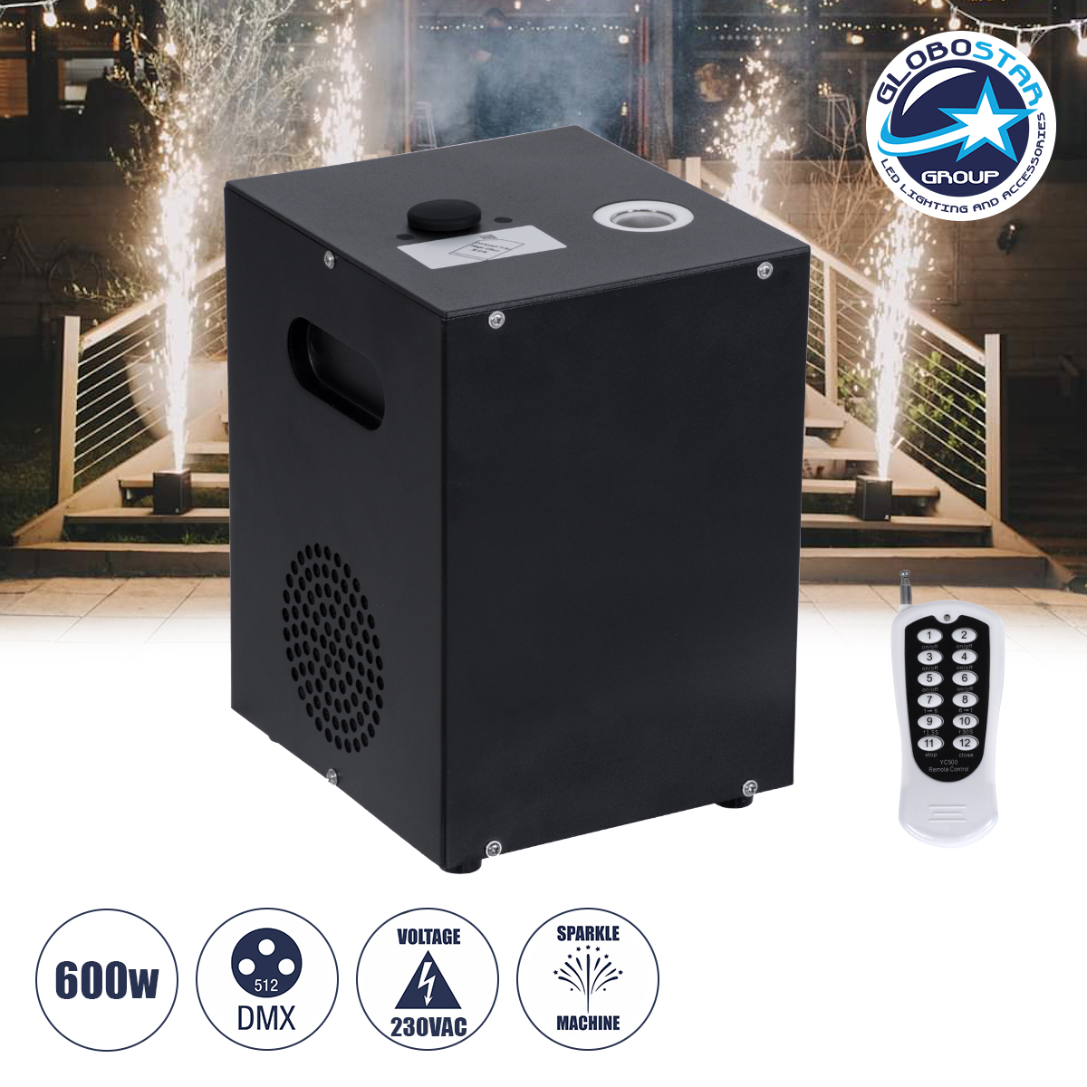 GLOBOSTAR® SPARKLE 51148 Stage Μηχανή Δαπέδου Άκαυστων Σπινθήρων Εφέ Συντριβανιού 600W AC 220-240V IP20 DMX512 Protocol & RF Ασύρματο Χειριστήριο - Μ18 x Π16.5 x Υ24cm - 1 Χρόνο Εγγύηση