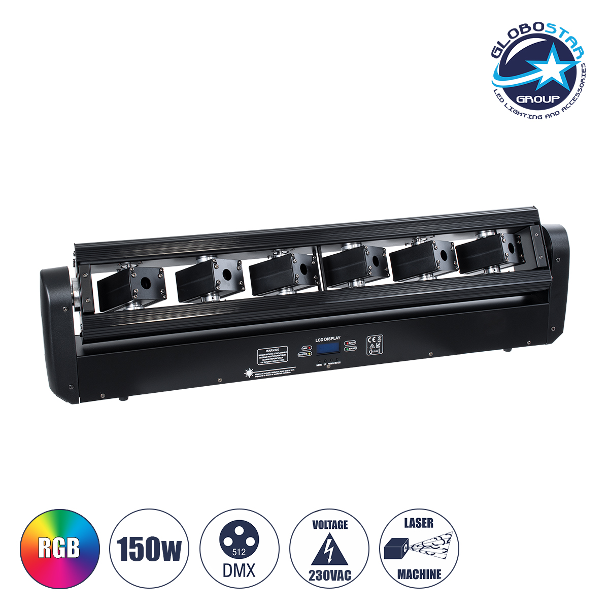 GLOBOSTAR® AMNESIA 51179 Stage Κινούμενη Ρομποτική Κεφαλή Spider Super Beam LASER 150W 2° AC 220-240V IP20 6 x 1W LASER Chip 300mW RED/638nm 100mW GREEN/531nm 600mW BLUE/442nm Πολύχρωμο RGB Dimmable DMX512 Protocol 14/35 Channels - Μ86 x Π23 x Υ9cm - 2 Χρόνια Εγγύηση