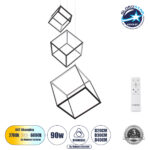 GLOBOSTAR® KIBOO-TRIO 60931 Μοντέρνο Κρεμαστό Φωτιστικό Οροφής LED 90W 10350lm 360° AC 220-240V IP20 Ρυθμιζόμενο Λευκό CCT με Χειριστήριο από 2700K έως 6000K Dimmable - Lumileds SMD Chip - Μαύρο Ματ - Μ60 x Π60 x Υ80cm - 3 Χρόνια Εγγύηση