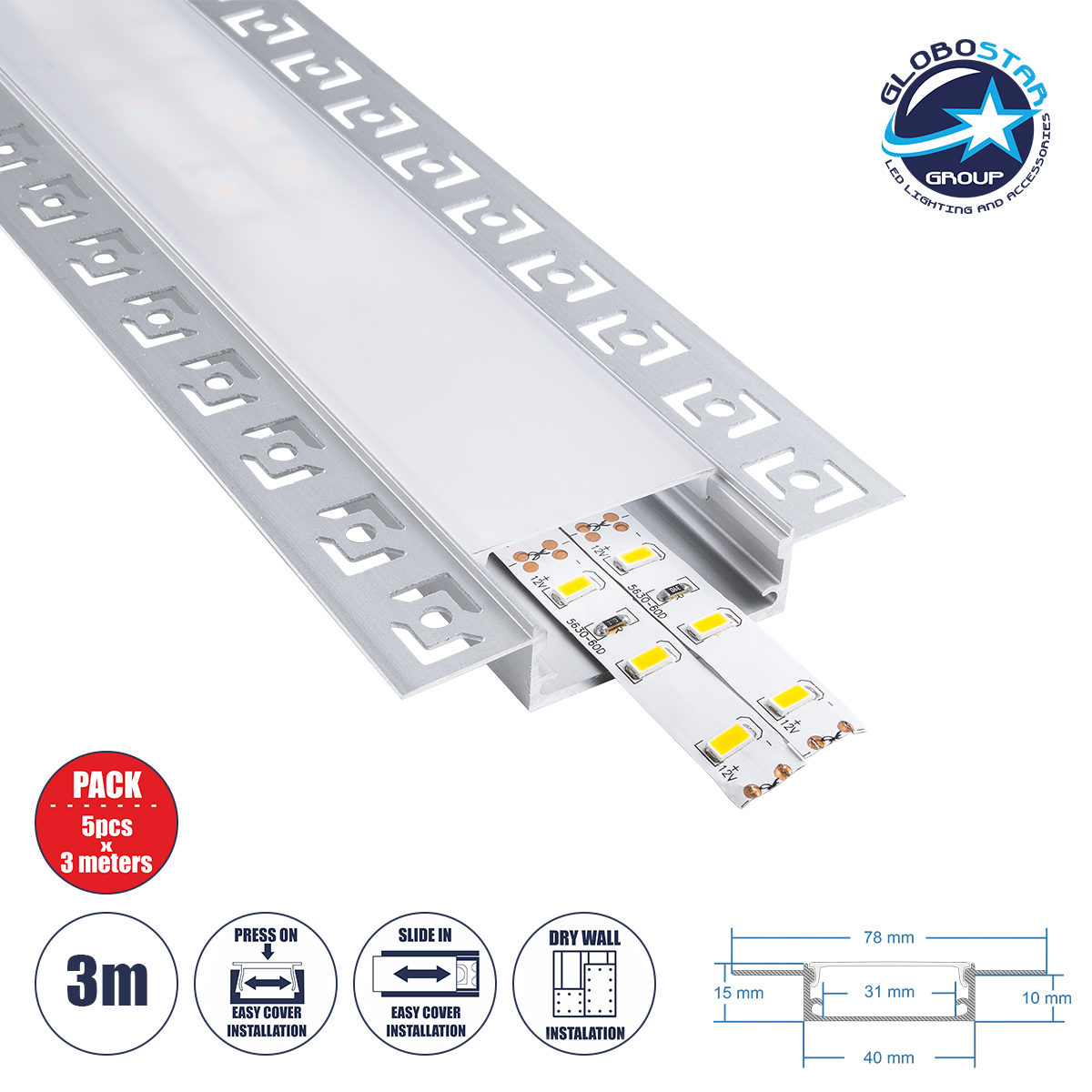 GLOBOSTAR® ALP-PLASTERIN GYPSO 70861-3M Χωνευτό Προφίλ Αλουμινίου Ειδικό για Γυψοσανίδα με Λευκό Γαλακτερό Πατητό Κάλυμμα για Ταινίες LED IP20 - Ασημί & Λευκό - Μ300 x Π7.8 x Υ1.4cm - Πακέτο 5 Τεμαχίων