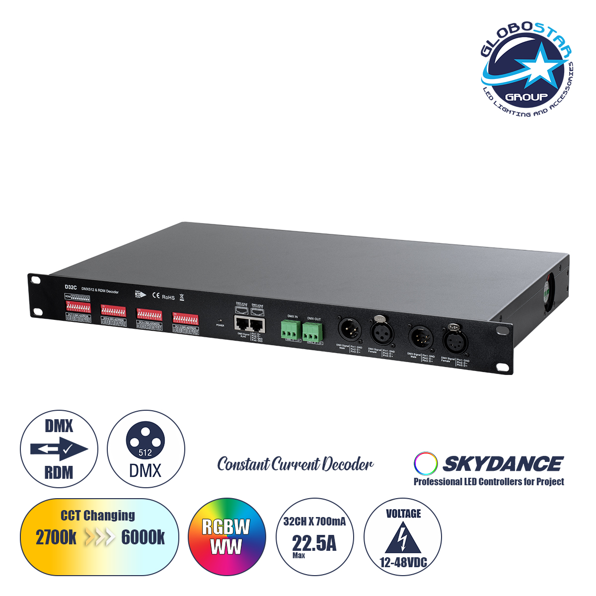 GloboStar® 71570 D32C SKYDANCE DC DMX & RDM Dimmer High Speed Controller / Constant Current Decoder 32 Καναλιών DC 12-48V 32 x 700mA 34W - Max 22.5A 1075W - IP20 Μ48 x Π26 x Υ5cm - 5 Years Warranty