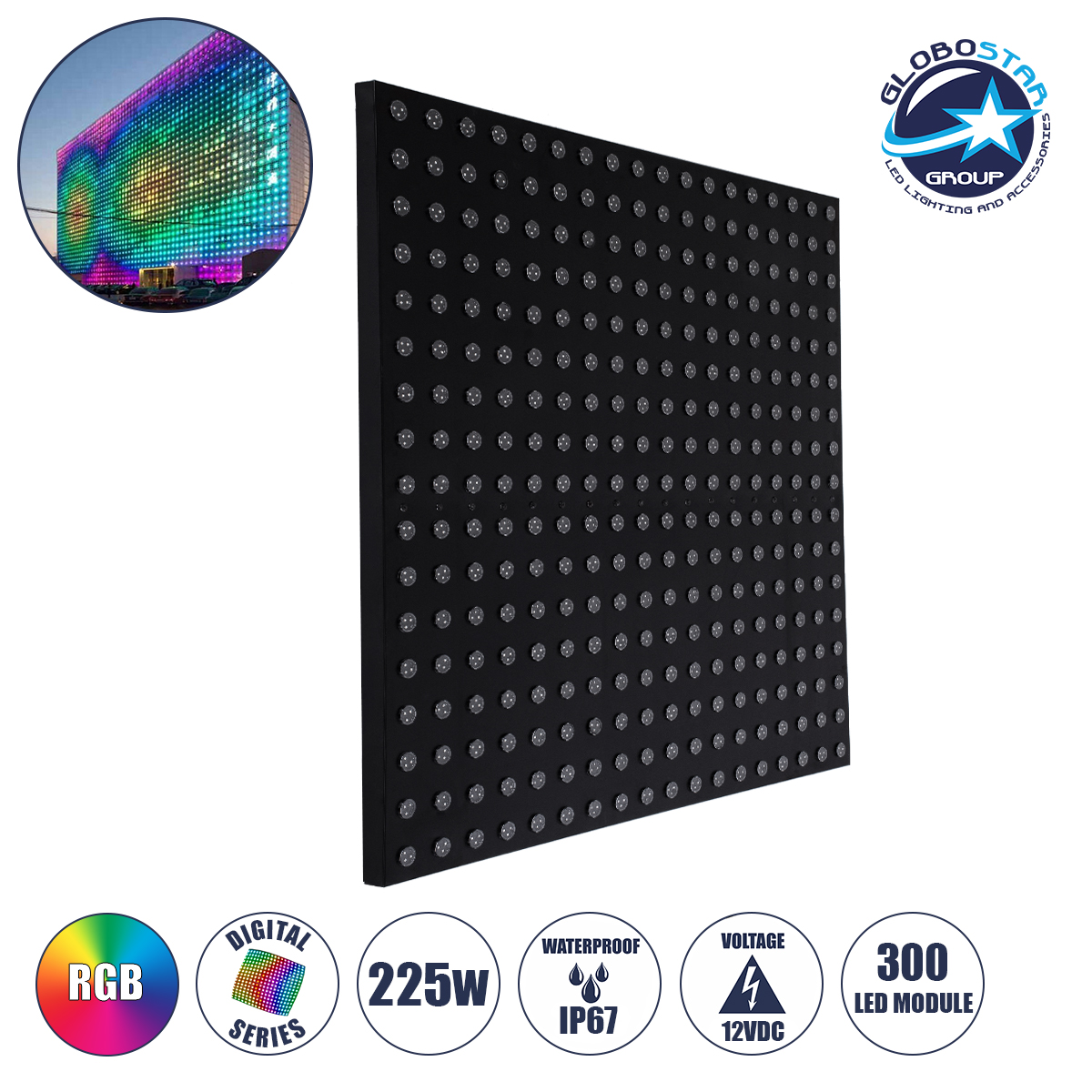 GloboStar® 90118 Digital Pixel Addressable Facade Panel - Ψηφιακό Πάνελ Πρόσοψης Κτιρίων LED SMD 3535 225W/m2 300LED/m2 300PIXEL/m2 SPI/TTL Protocol IC UCS512B 13500lm/m2 120° DC 12V IP67 RGB - Μαύρο Σώμα - Μ100 x Π100 x Υ3cm