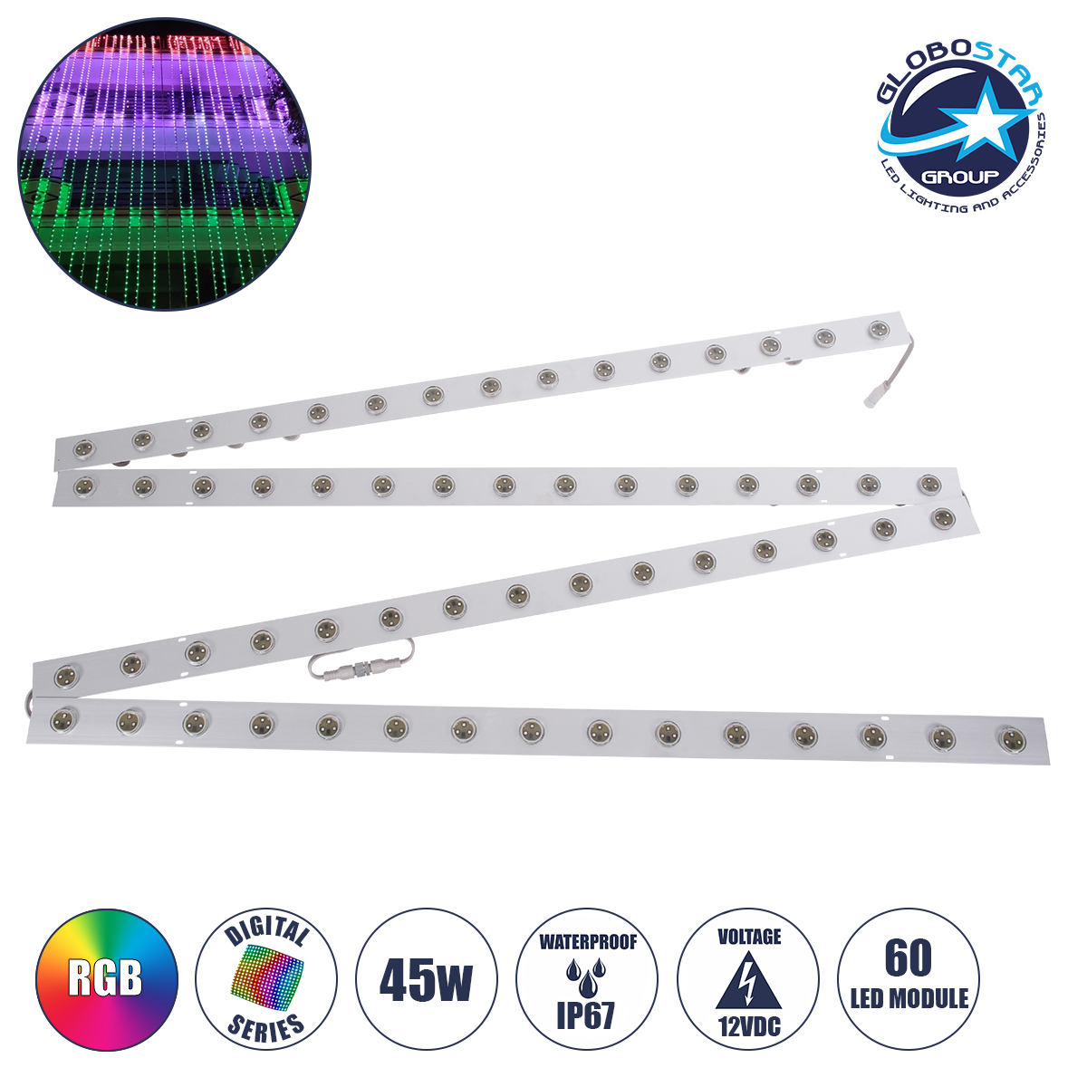 GloboStar® 90119 4 x Digital Pixel Addressable Facade Aluminum Bars - 4 x Ψηφιακές Μπάρες Αλουμινίου Πρόσοψης Κτιρίων LED SMD 3535 45W 60LED 60PIXEL SPI/TTL Protocol IC UCS512B 2700lm 120° DC 12V IP67 RGB - Ασημί Σώμα - Μ400 x Π4.5 x Υ3.6cm - 4 Μπάρες