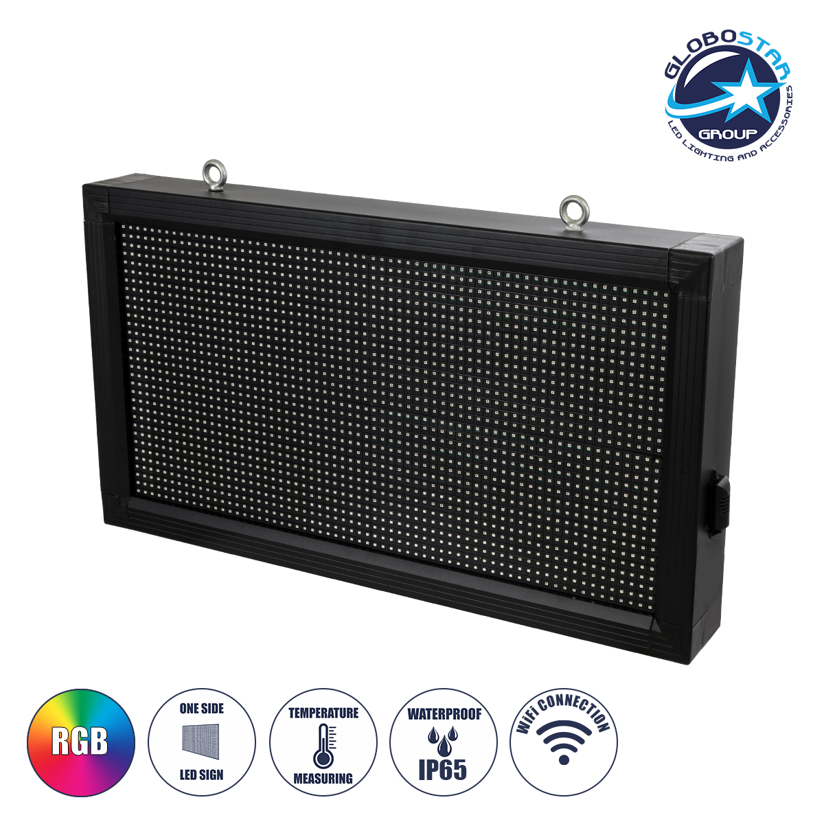 GLOBOSTAR® DISPLAY 90277 Κυλιόμενη Ψηφιακή Επιγραφή 64x32cm P10 Μονής Όψης LED AC 220-240V Αδιάβροχο IP65 RGB - WiFi Control μέσω FK APP - Αισθητήρας Θερμοκρασίας & Υγρασίας - Μ72 x Π9 x Υ42.5cm - 2 Χρόνια Εγγύηση