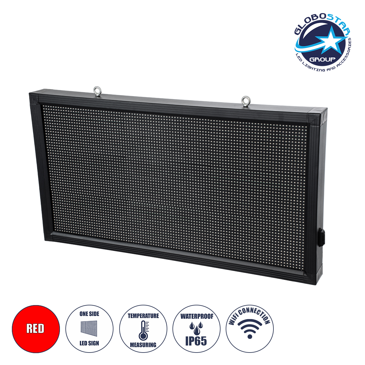 GLOBOSTAR® DISPLAY 90296 Κυλιόμενη Ψηφιακή Επιγραφή 96x48cm P10 Μονής Όψης LED AC 220-240V Αδιάβροχο IP65 Κόκκινο - WiFi Control μέσω FK APP - Αισθητήρας Θερμοκρασίας & Υγρασίας - Μ104 x Π9 x Υ56cm - 2 Χρόνια Εγγύηση