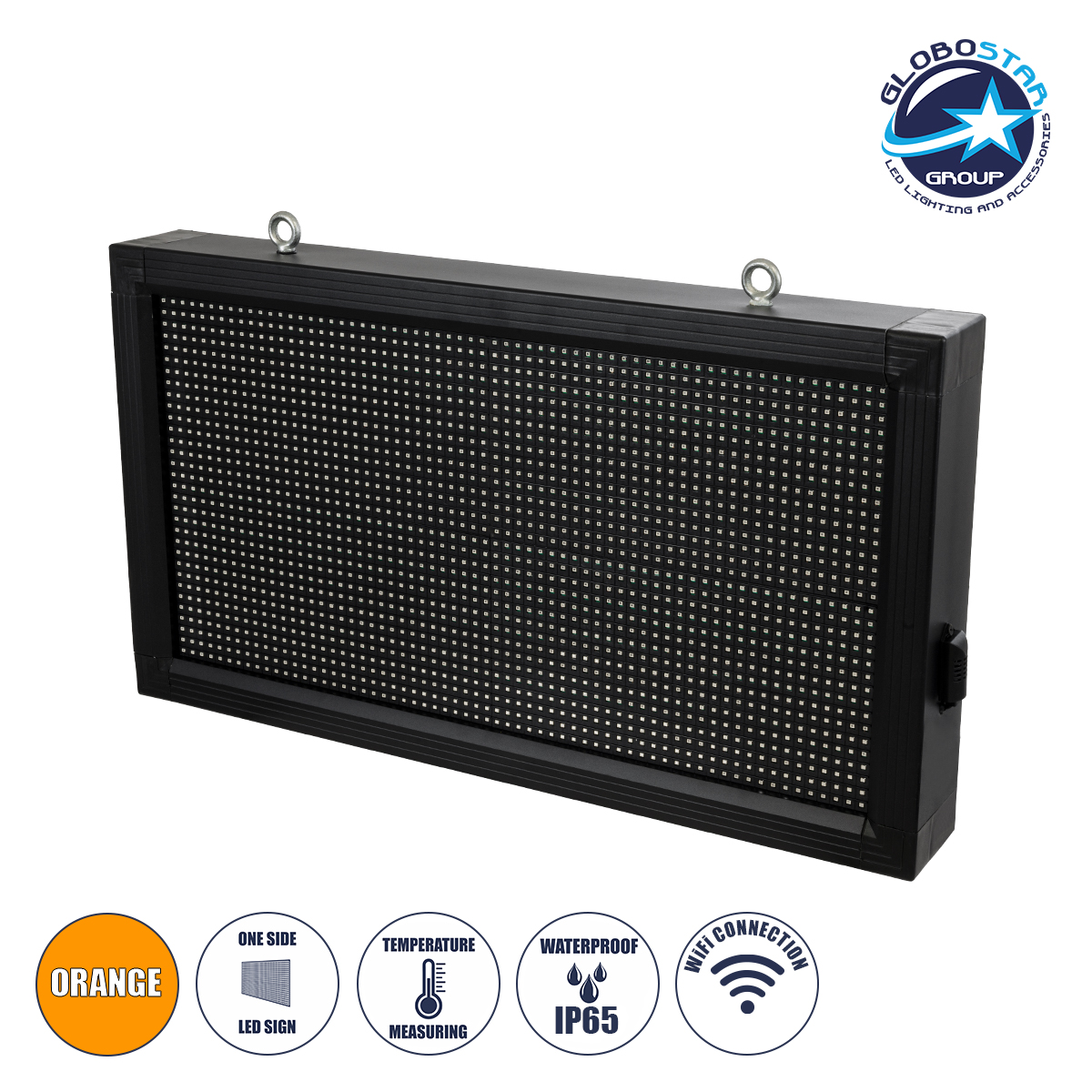 GLOBOSTAR® DISPLAY 90329 Κυλιόμενη Ψηφιακή Επιγραφή 64x32cm P10 Μονής Όψης LED AC 220-240V Αδιάβροχο IP65 Πορτοκαλί - WiFi Control μέσω FK APP - Αισθητήρας Θερμοκρασίας & Υγρασίας - Μ72 x Π9 x Υ42.5cm - 2 Χρόνια Εγγύηση