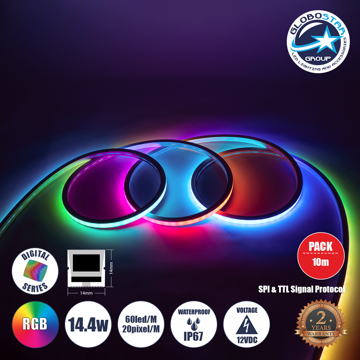 GLOBOSTAR® NEONIO-A 90753 Ψηφιακή Pixel Addressable Ταινία Neon Flex LED 14.4W/m 864lm/m 90° DC 12V Αδιάβροχο IP65 60 x SMD5050 Chip/m 20 x Pixel/m Πολύχρωμο RGB Dimmable SPI/TTL Protocol IC SM16703P/WS2811/WS2812 - Sanan SMD Chip - Μ1000 x Π1.4 x Υ1.4cm - Ρολό 10 Μέτρων - 3 Χρόνια Εγγύηση