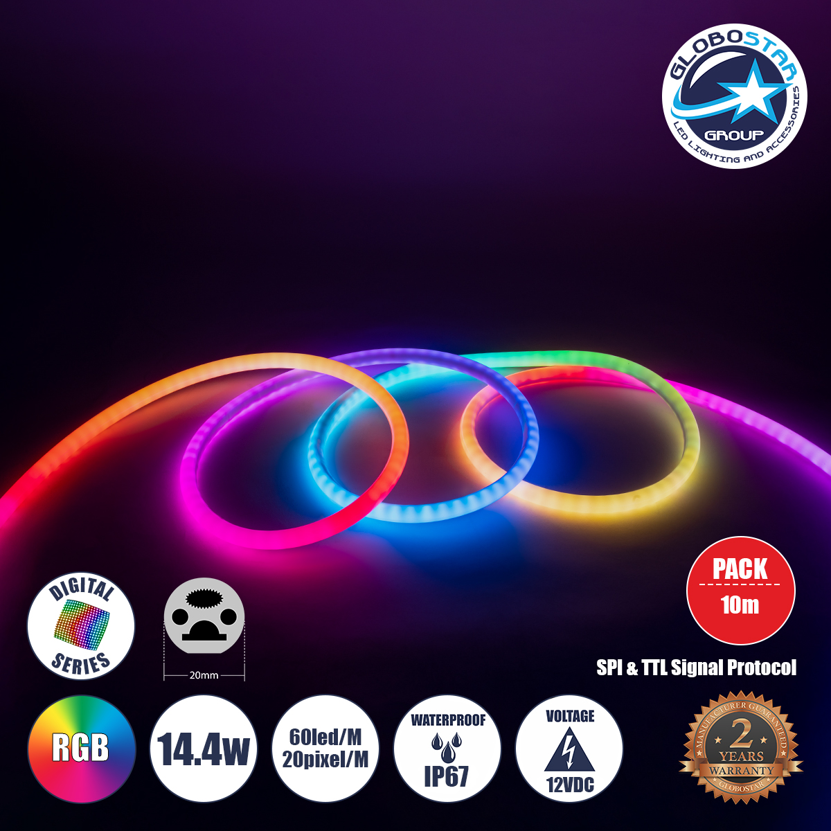 GLOBOSTAR® NEONIO-D 90756 Ψηφιακή Pixel Addressable Ταινία Neon Flex LED 14.4W/m 864lm/m 360° DC 12V Αδιάβροχο IP65 60 x SMD5050 Chip/m 20 x Pixel/m Πολύχρωμο RGB Dimmable SPI/TTL Protocol IC SM16703P/WS2811/WS2812 - Sanan SMD Chip - Μ1000 x Π2 x Υ2cm - Ρολό 10 Μέτρων - 3 Χρόνια Εγγύηση