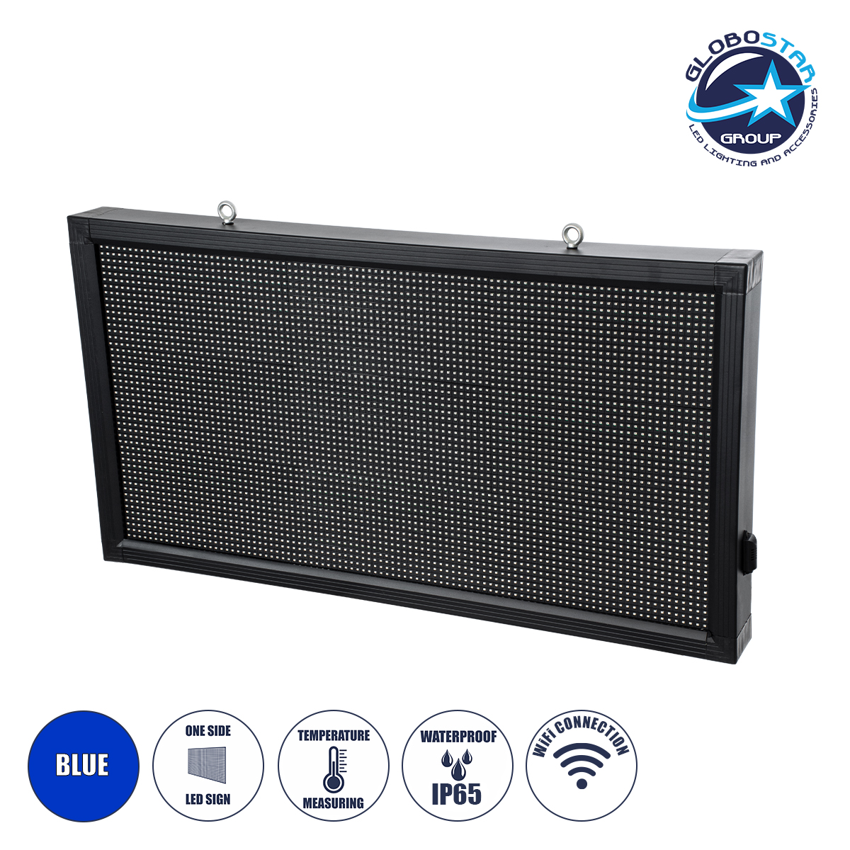 GLOBOSTAR® DISPLAY 90810 Κυλιόμενη Ψηφιακή Επιγραφή 96x48cm P10 Μονής Όψης LED AC 220-240V Αδιάβροχο IP65 Μπλε - WiFi Control μέσω FK APP - Αισθητήρας Θερμοκρασίας & Υγρασίας - Μ104 x Π9 x Υ56cm - 2 Χρόνια Εγγύηση
