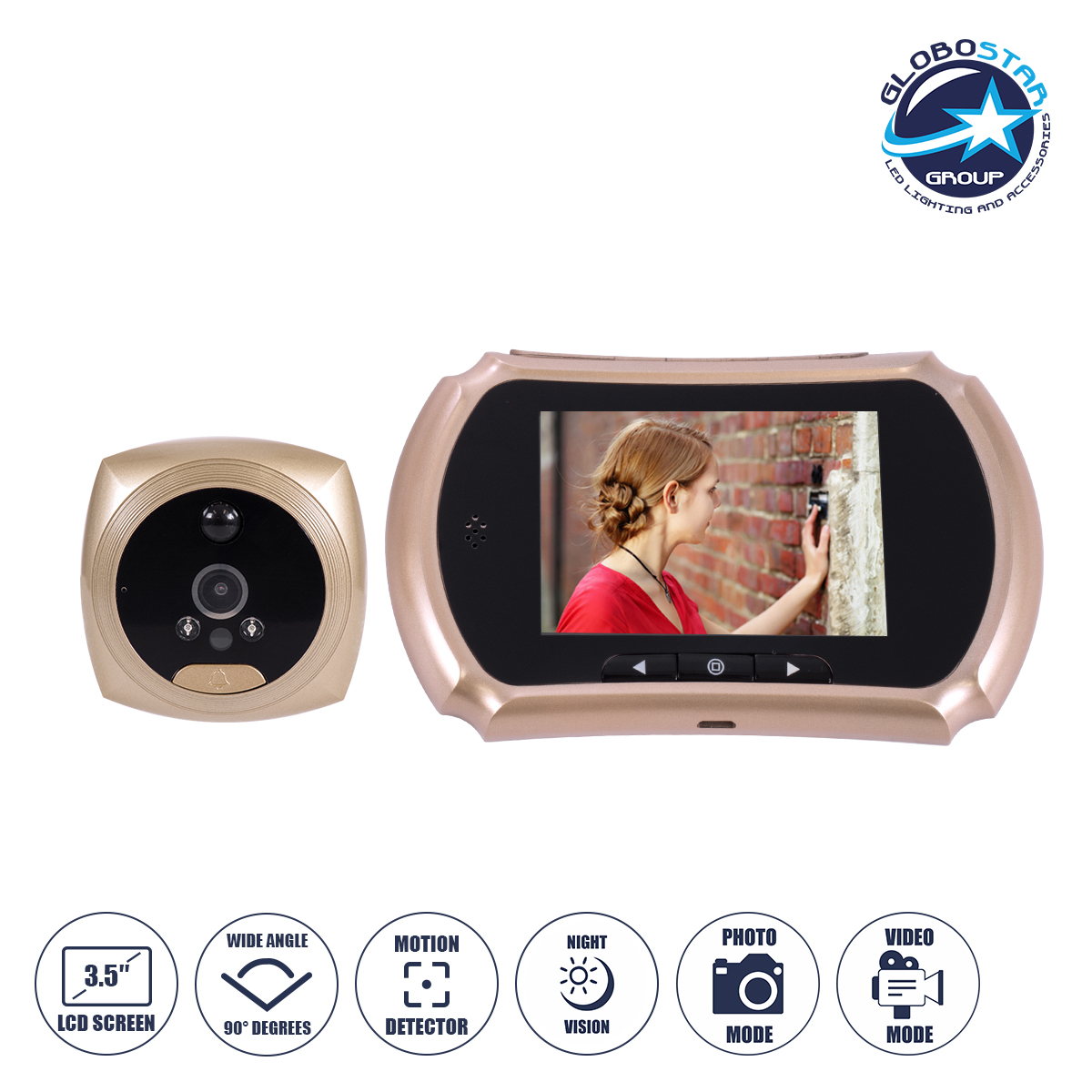 GloboStar® 86066 Επαναφορτιζόμενη Ψηφιακή Έξυπνη Camera Εξώπορτας 90° Μοιρών με Έγχρωμη Οθόνη 3.5" Inches - USB - Νυχτερινή Όραση με LED IR - Κουδούνι - Χρυσό