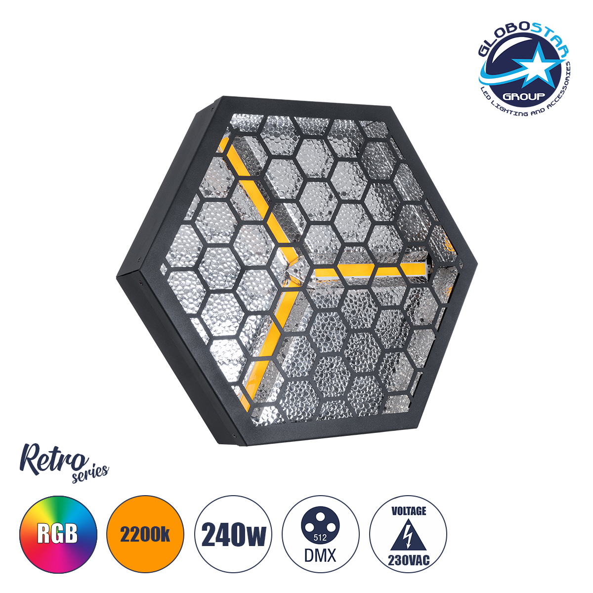 GloboStar® 51201 HALO HEXA Επαγγελματικό Φωτιστικό Ειδικών Εφέ DIGITAL MATRIX PIXEL & Blinder - 3 x 80W LED COB Chips Ultra Gold Warm White 2200K & 30 x 0.5W LED SMD5050 Chips RGB - AC 220V-240V DMX512 Display on Body - Μαύρο - Μ38 x Π38 x Υ22cm - 2 Χρόνια Εγγύση