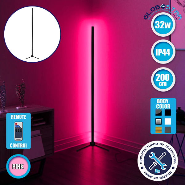 Μοντέρνο Minimal Επιδαπέδιο Μαύρο Φωτιστικό 200cm LED 32 Watt με Ασύρματο Χειριστήριο RF & Dimmer Ροζ GloboStar ALIEN Design GLOBO-200-7
