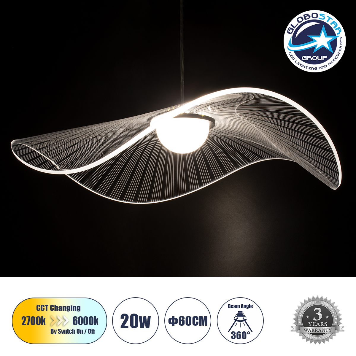 GLOBOSTAR® ACRYLICA 60975 Μοντέρνο Κρεμαστό Φωτιστικό Οροφής LED 20W 2240lm 360° AC 220-240V IP20 Ρυθμιζόμενο Λευκό CCT με On/Off 2700K/4500K/6000K - Lumileds SMD Chip - Διάφανο & Μαύρο Ματ - Μ60 x Π60 x Υ15cm - 3 Χρόνια Εγγύηση