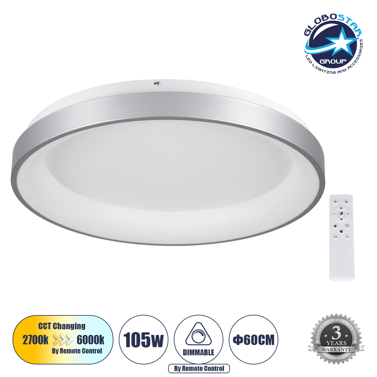 GLOBOSTAR® SALEM 61238 Μοντέρνο Φωτιστικό Οροφής LED 105W 12075lm 120° AC 220-240V IP20 Ρυθμιζόμενο Λευκό CCT με Χειριστήριο από 2700K έως 6000K Dimmable - Lumileds SMD Chip - Γκρι - Μ60 x Π60 x Υ9.5cm - 3 Χρόνια Εγγύηση