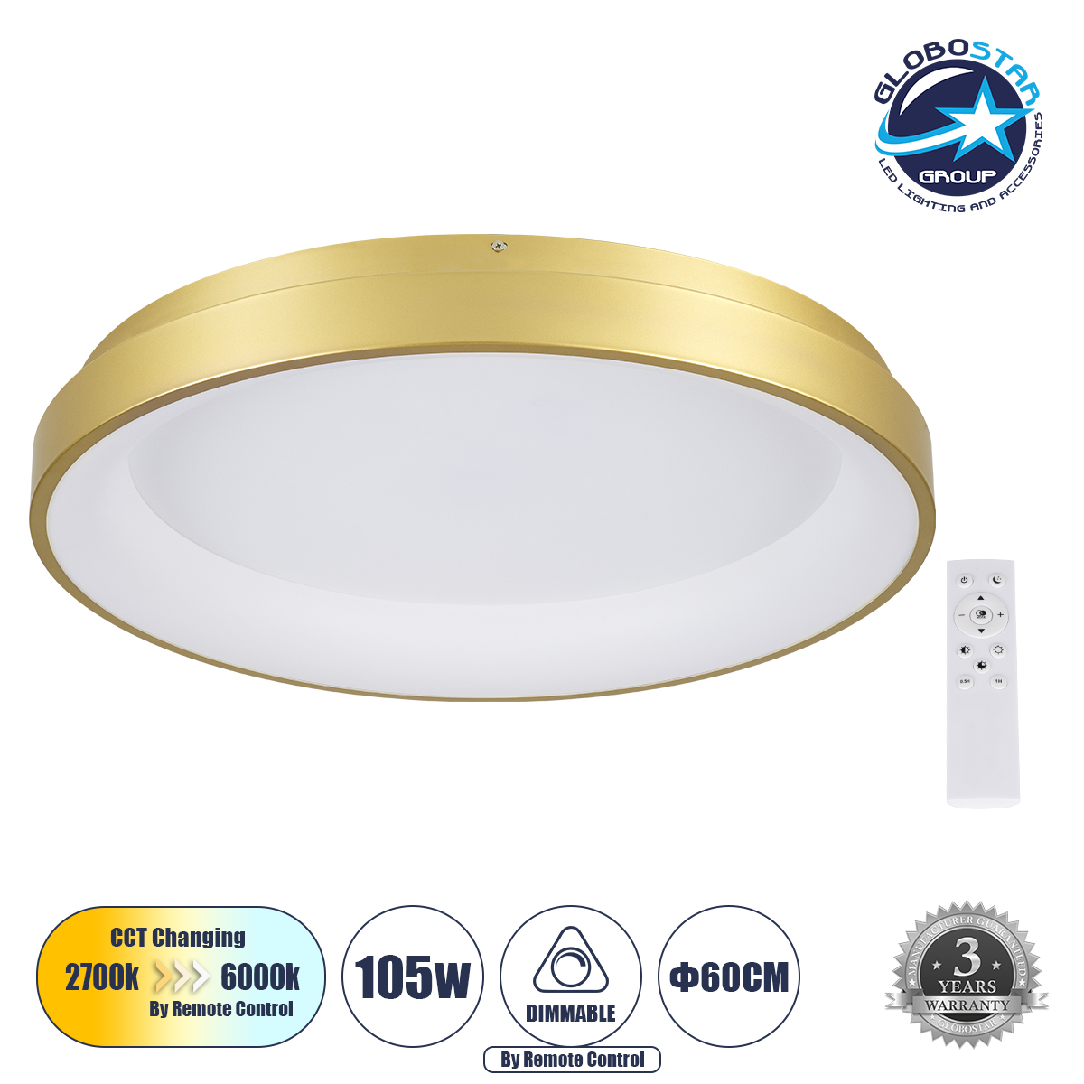 GLOBOSTAR® SALEM 61239 Μοντέρνο Φωτιστικό Οροφής LED 105W 12075lm 120° AC 220-240V IP20 Ρυθμιζόμενο Λευκό CCT με Χειριστήριο από 2700K έως 6000K Dimmable - Lumileds SMD Chip - Χρυσό - Μ60 x Π60 x Υ9.5cm - 3 Χρόνια Εγγύηση