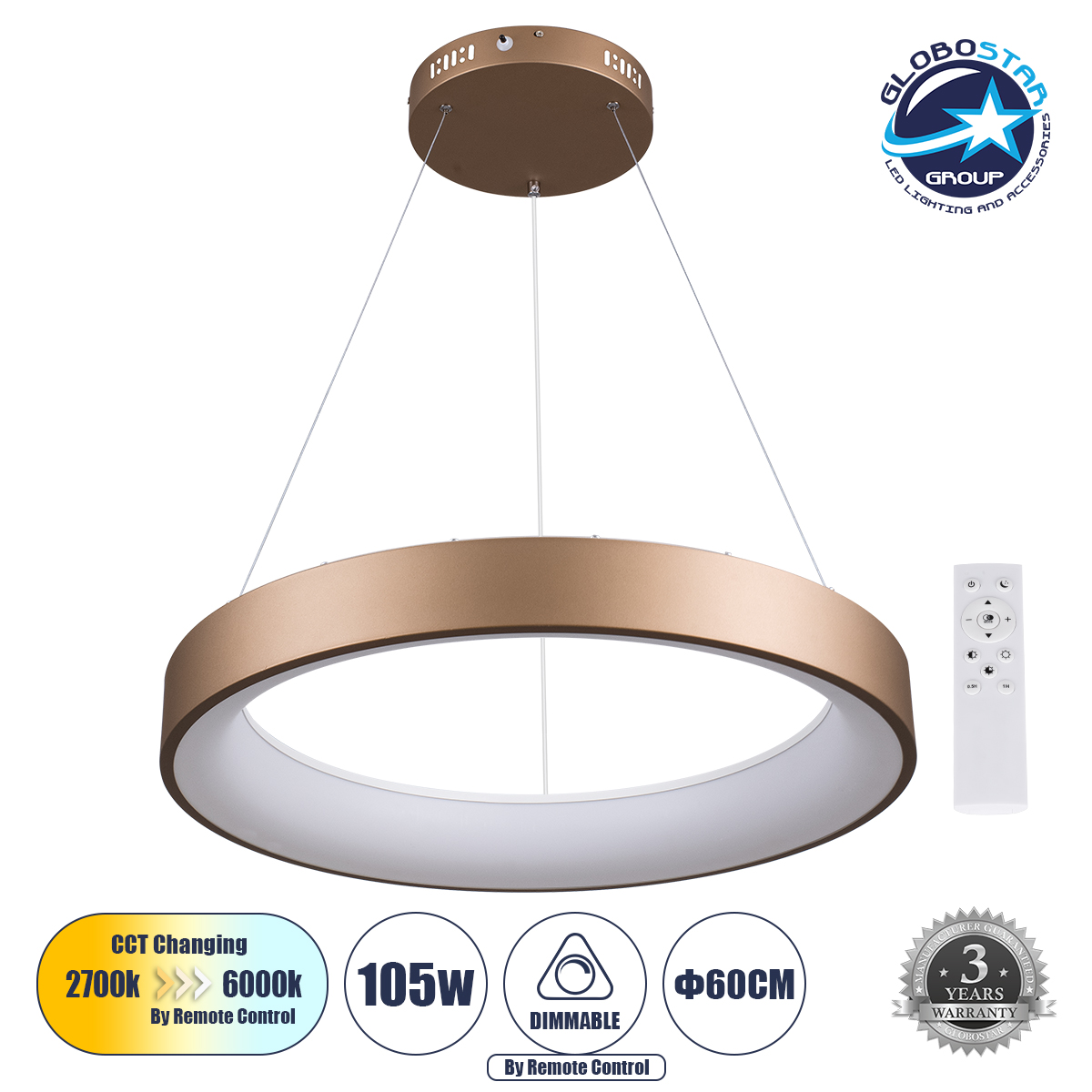 GLOBOSTAR® SALEM 61248 Μοντέρνο Κρεμαστό Φωτιστικό Οροφής LED 105W 12075lm 120° AC 220-240V IP20 Ρυθμιζόμενο Λευκό CCT με Χειριστήριο από 2700K έως 6000K Dimmable - Lumileds SMD Chip - Καφέ Ματ - Μ60 x Π60 x Υ6cm - 3 Χρόνια Εγγύηση