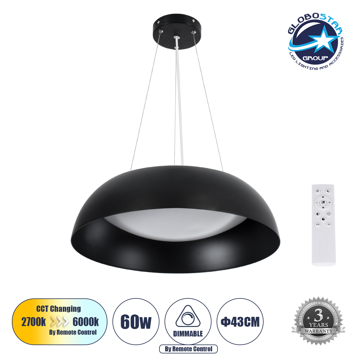 GLOBOSTAR® ANATOLIA 61267 Μοντέρνο Κρεμαστό Φωτιστικό Οροφής LED 60W 6900lm 120° AC 220-240V IP20 Ρυθμιζόμενο Λευκό CCT με Χειριστήριο από 2700K έως 6000K Dimmable - Lumileds SMD Chip - Μαύρο Ματ - Μ43 x Π43 x Υ11cm - 3 Χρόνια Εγγύηση