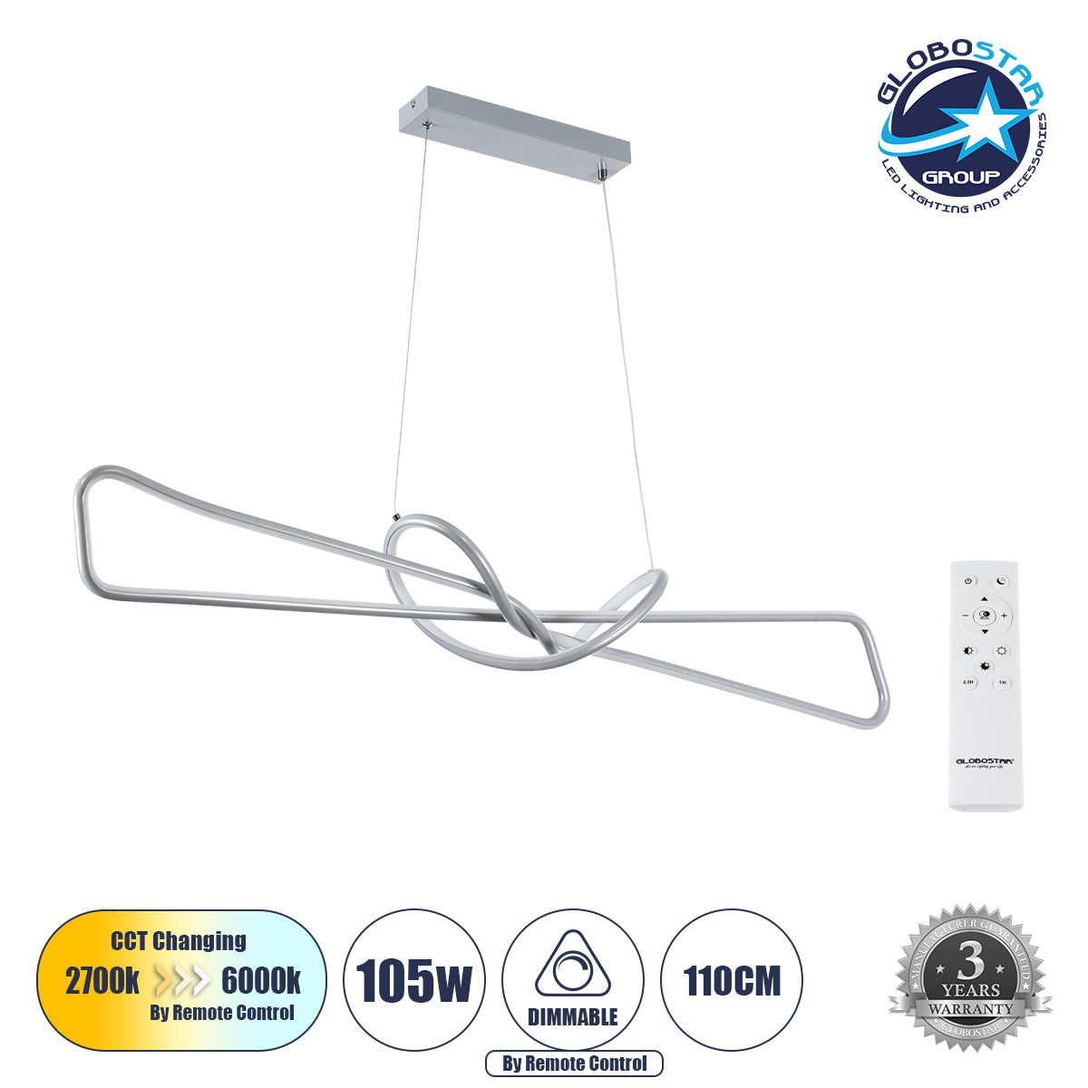 GLOBOSTAR® DOLORES 61281 Μοντέρνο Κρεμαστό Φωτιστικό Οροφής LED 105W 11760lm 300° AC 220-240V IP20 Ρυθμιζόμενο Λευκό CCT με Χειριστήριο από 2700K έως 6000K Dimmable - Lumileds SMD Chip - Νίκελ Βούρτσας - Μ110 x Π17 x Υ17.5cm - 3 Χρόνια Εγγύηση