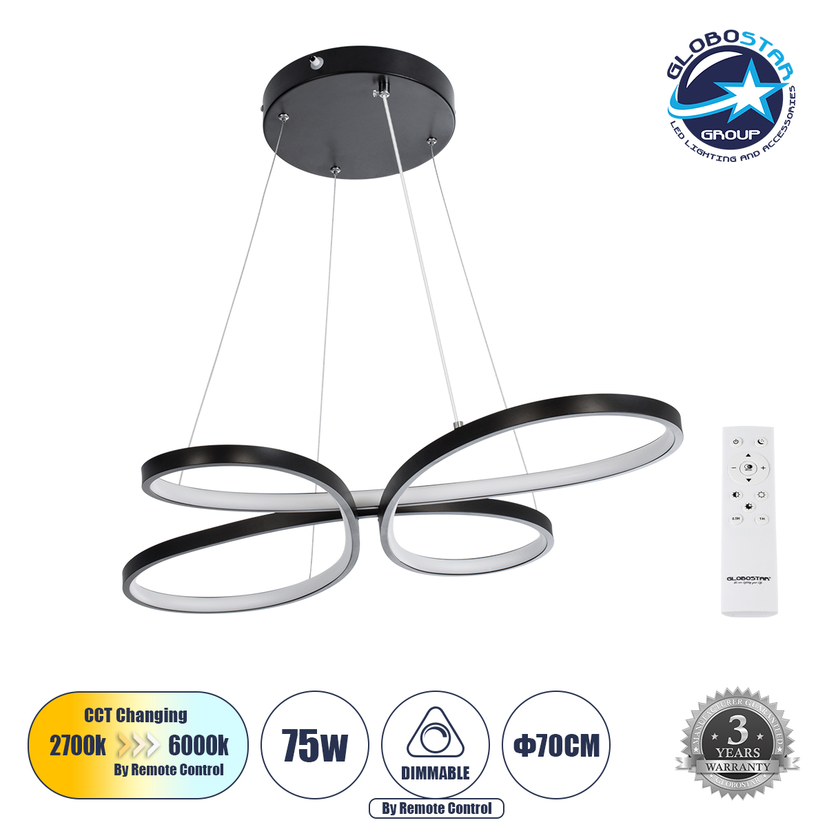 GLOBOSTAR® BUTTERFLY 61391 Μοντέρνο Κρεμαστό Φωτιστικό Οροφής LED 75W 7500lm 300° AC 220-240V IP20 Ρυθμιζόμενο Λευκό CCT με Χειριστήριο από 2700K έως 6000K Dimmable - Lumileds SMD Chip - Μαύρο Ματ - Μ70 x Π55 x Υ4cm - 3 Χρόνια Εγγύηση