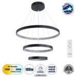 GLOBOSTAR® DIAMOND TRIO 61523 Μοντέρνο Κρεμαστό Φωτιστικό Οροφής LED 100W 11200lm 360° AC 220-240V IP20 Ρυθμιζόμενο Λευκό CCT με Χειριστήριο από 2700K έως 6000K Dimmable - Lumileds SMD Chip - Μαύρο Ματ - Μ90 x Π90 x Υ90cm - 3 Χρόνια Εγγύηση