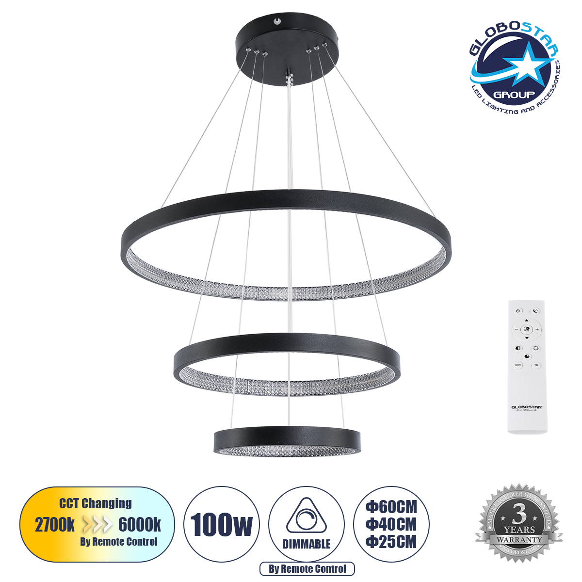 GLOBOSTAR® DIAMOND TRIO 61523 Μοντέρνο Κρεμαστό Φωτιστικό Οροφής LED 100W 11200lm 360° AC 220-240V IP20 Ρυθμιζόμενο Λευκό CCT με Χειριστήριο από 2700K έως 6000K Dimmable - Lumileds SMD Chip - Μαύρο Ματ - Μ90 x Π90 x Υ90cm - 3 Χρόνια Εγγύηση