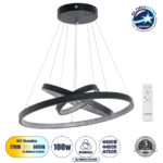 GLOBOSTAR® DIAMOND TRIO 61523-DECO Μοντέρνο Κρεμαστό Φωτιστικό Οροφής LED 100W 11200lm 360° AC 220-240V IP20 Ρυθμιζόμενο Λευκό CCT με Χειριστήριο από 2700K έως 6000K Dimmable - Lumileds SMD Chip - Μαύρο Ματ - Μ90 x Π90 x Υ90cm - 3 Χρόνια Εγγύηση