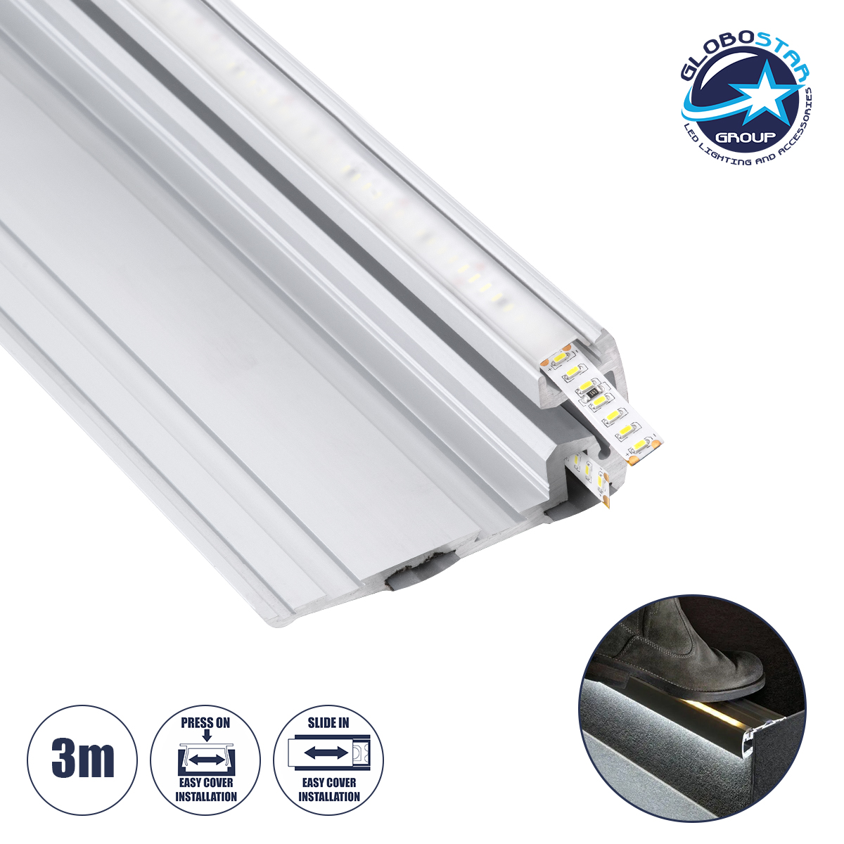 GloboStar® STAIR-PROFILE 70842-3M Προφίλ Αλουμινίου - Βάση & Ψύκτρα Ταινίας LED με Λευκό Γαλακτερό Κάλυμμα - Χρήση σε Σκαλοπάτια - Πατητό Κάλυμμα - Ασημί - 3 Μέτρα - Μ300 x Π8 x Υ3.2cm