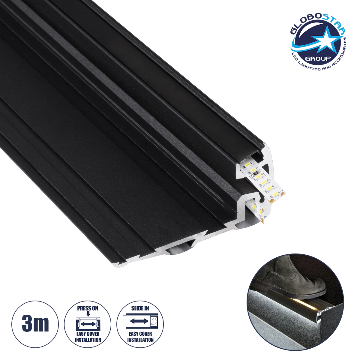 GloboStar® STAIR-PROFILE 70843-3M Προφίλ Αλουμινίου - Βάση & Ψύκτρα Ταινίας LED με Μαύρο Φιμέ Κάλυμμα - Χρήση σε Σκαλοπάτια - Πατητό Κάλυμμα - Μαύρο - 3 Μέτρα - Μ300 x Π8 x Υ3.2cm