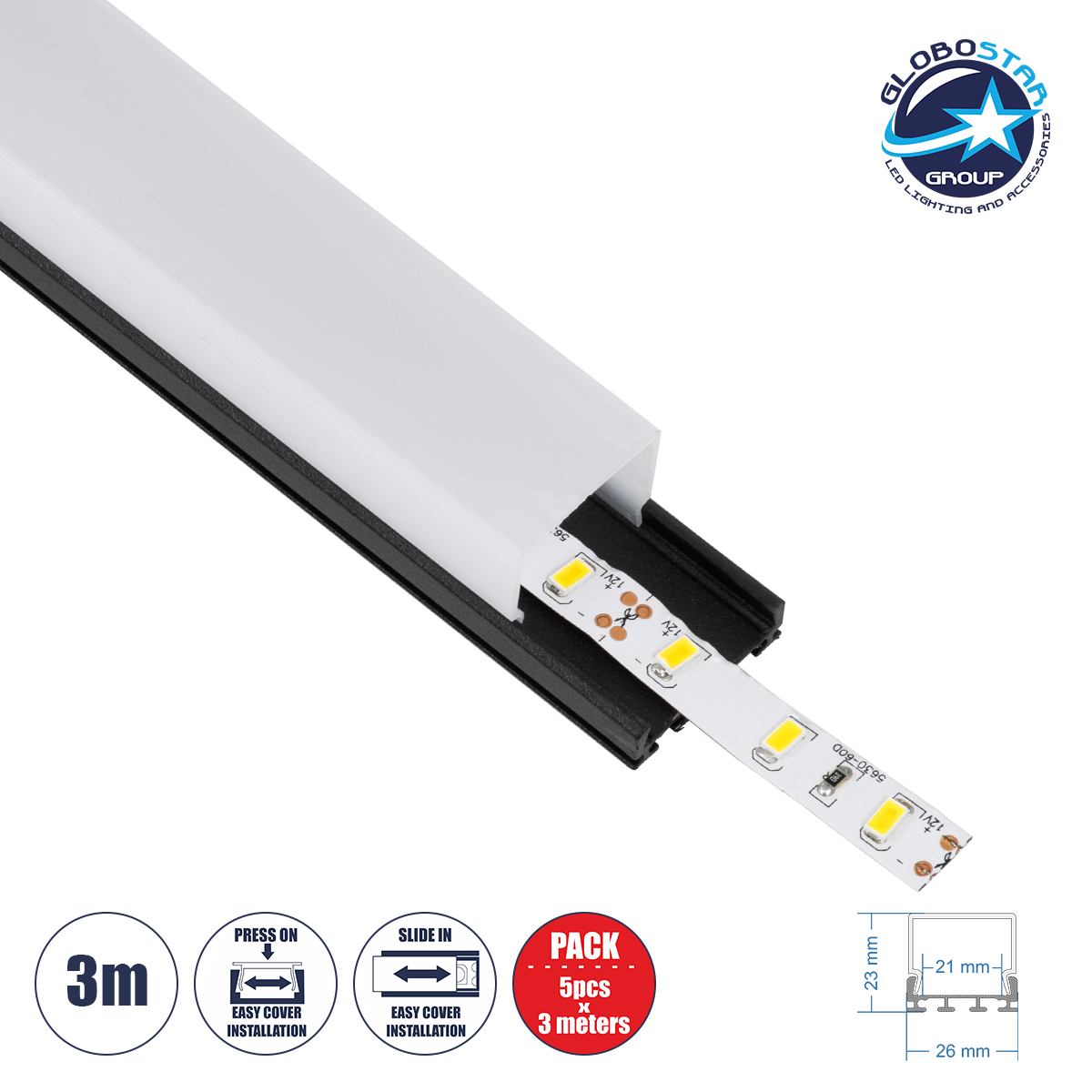 GLOBOSTAR® ALP-LINEAR GLOA 70849-3M Επιφανειακό & Κρεμαστό Προφίλ Αλουμινίου με Λευκό Γαλακτερό Πατητό Κάλυμμα για Ταινίες LED IP20 - Μαύρο & Λευκό - Μ300 x Π2.6 x Υ2.3cm - Πακέτο 5 Τεμαχίων