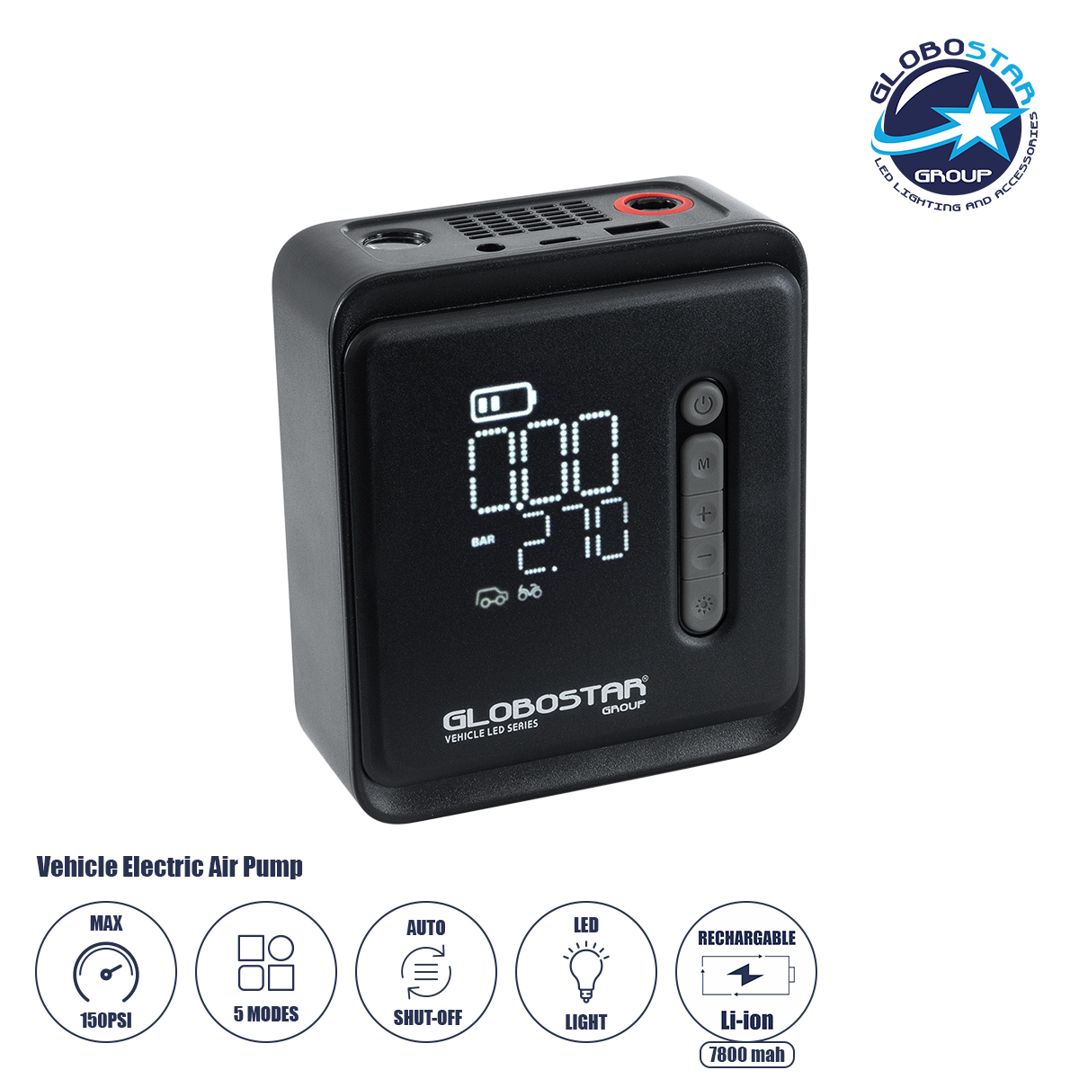 GloboStar® 81490 Φορητή Επαναφορτιζόμενη Ψηφιακή Τρόμπα - Κομπρέσορας Αέρος Αυτοκινήτου & Μοτοσυκλέτας - με Οθόνη LCD & Ενσωματωμένη Επαναφορτιζόμενη Μπαταρία Λιθίου 7800 mAh - Πίεση Αέρος Max 150 PSI - 5 Προγράμματα - Φακό LED - Power Bank με έξοδο USB 2.0 - Φορτιστή Αυτοκινήτου - Μ11.5 x Π5 x Υ13cm - 3 Χρόνια Εγγύηση