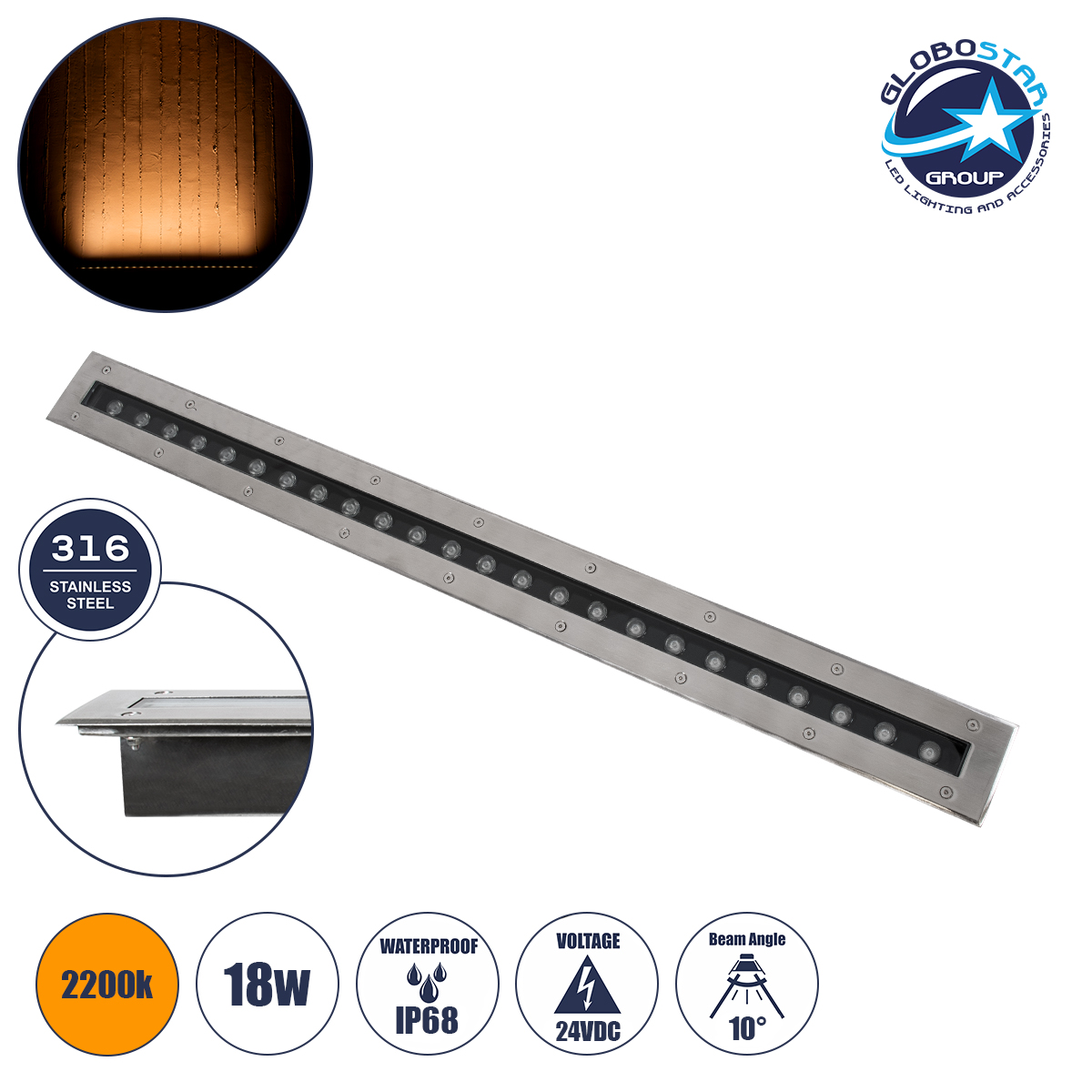 GLOBOSTAR® UNDERGROUND-REMVI 90194-Y Χωνευτή Μπάρα Φωτισμού Wall Washer LED 18W 1890lm 10° DC 24V Αδιάβροχο IP68 Ultra Θερμό Λευκό 2200K Dimmable - Bridgelux SMD Chip - Ανοξείδωτο Ατσάλι SS316 - Μ100 x Π9 x Υ7.2cm / Q98.2 x 7.6cm - 3 Χρόνια Εγγύηση