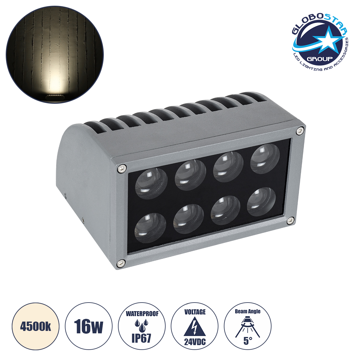 GloboStar® FLOOD-DENA 90486 Επιτοίχιος Προβολέας Wall Washer για Φωτισμό Κτιρίων - Απλίκα & Δαπέδου LED 16W 1520lm 5° DC 24V Αδιάβροχο IP67 Μ15.5 x Π13 x Υ9.1cm Φυσικό Λευκό 4500K - Γκρι Ανθρακί - 3 Years Warranty