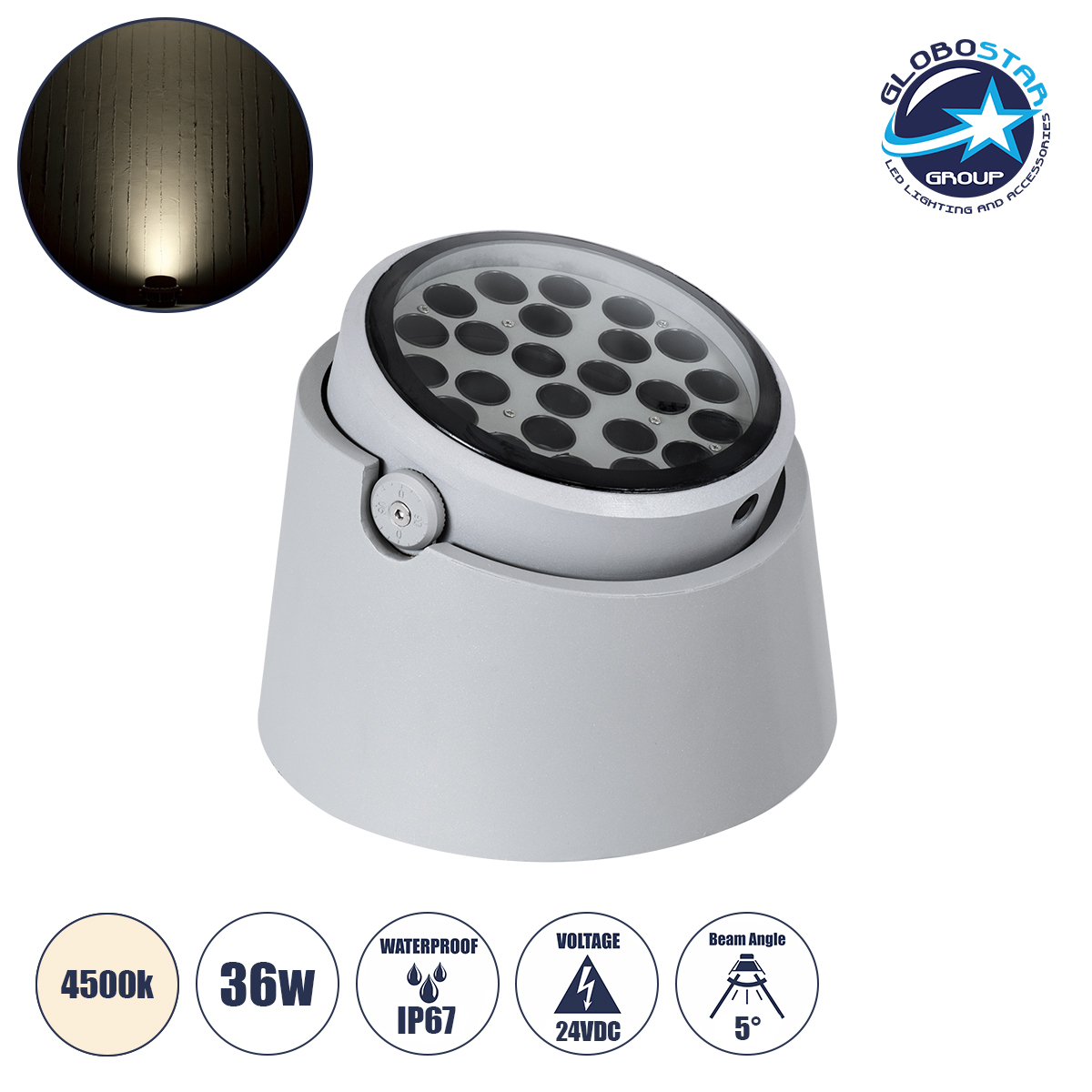 GloboStar® FLOOD-RANA 90490 Κινούμενος Προβολέας - Σποτ Φωτισμού Wall Washer για Φωτισμό Κτιρίων LED 36W 3420lm 5° DC 24V Αδιάβροχο IP67 Φ26.5 x Υ20cm Φυσικό Λευκό 4500K - Γκρι - 3 Years Warranty