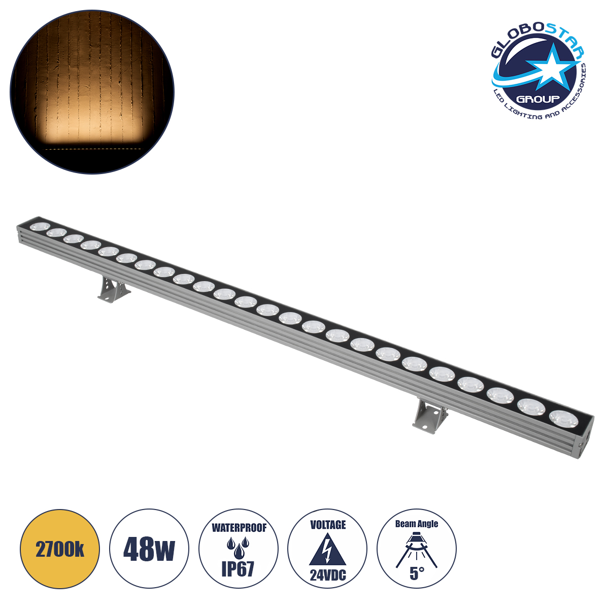 GLOBOSTAR® WASHERJAVIA 90555 Μπάρα Φωτισμού Wall Washer LED 48W 5280lm 5° DC 24V Αδιάβροχο IP67 Θερμό Λευκό 2700K Dimmable - Bridgelux SMD Chip - Γκρι Ανθρακί - Μ100 x Π5.2 x Υ3.6cm - 3 Χρόνια Εγγύηση