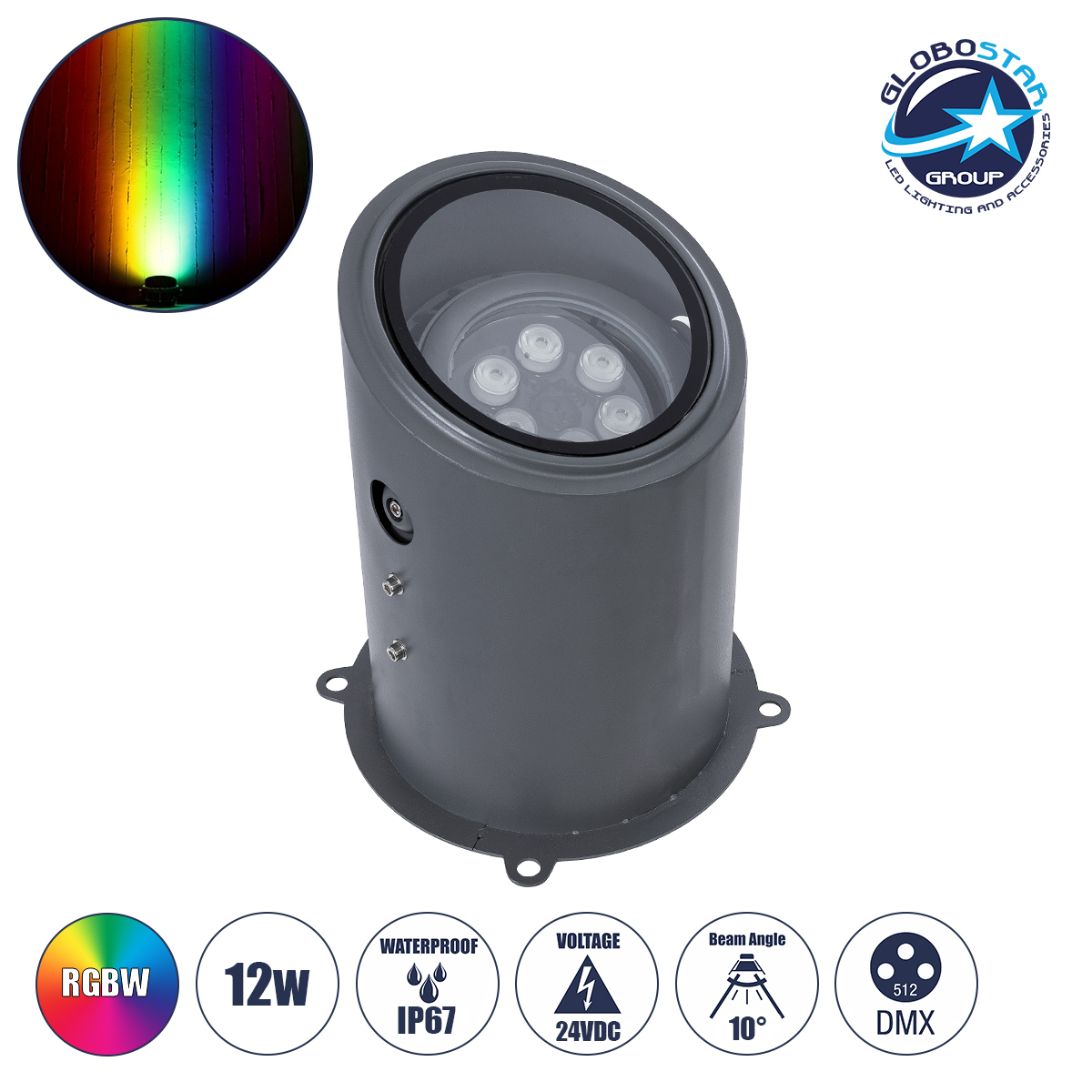 GloboStar® FLOOD-MILO 90736 Κινούμενος Προβολέας - Σποτ Φωτισμού Wall Washer για Φωτισμό Κτιρίων LED 12W 1020lm 10° DC 24V Αδιάβροχο IP67 Φ17 x Υ26cm RGBW DMX512 - Γκρι Ανθρακί - 3 Χρόνια Εγγύηση