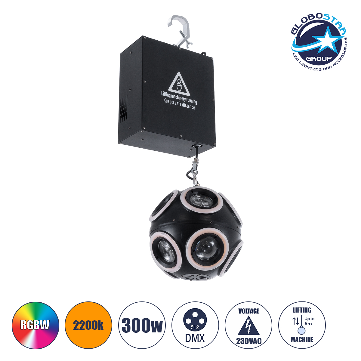 GloboStar® 51197 LIFT BALL Επαγγελματικό Φωτιστικό Ειδικών Εφέ Φ25cm KINETIC BALL MATRIX PIXEL Super BEAM Light CREE LED 4in1 300W - 10 x 20W LED COB Chips RGBW & 10 x 20W LED COB Chips Ultra Gold Warm White 2200K - Μέγιστο Μήκος Ανύψωσης 6 Μέτρα - AC 220V-240V DMX512 Display on Body - Μαύρο - Μ26 x Π6.5 x Υ32cm - 2 Χρόνια Εγγύση