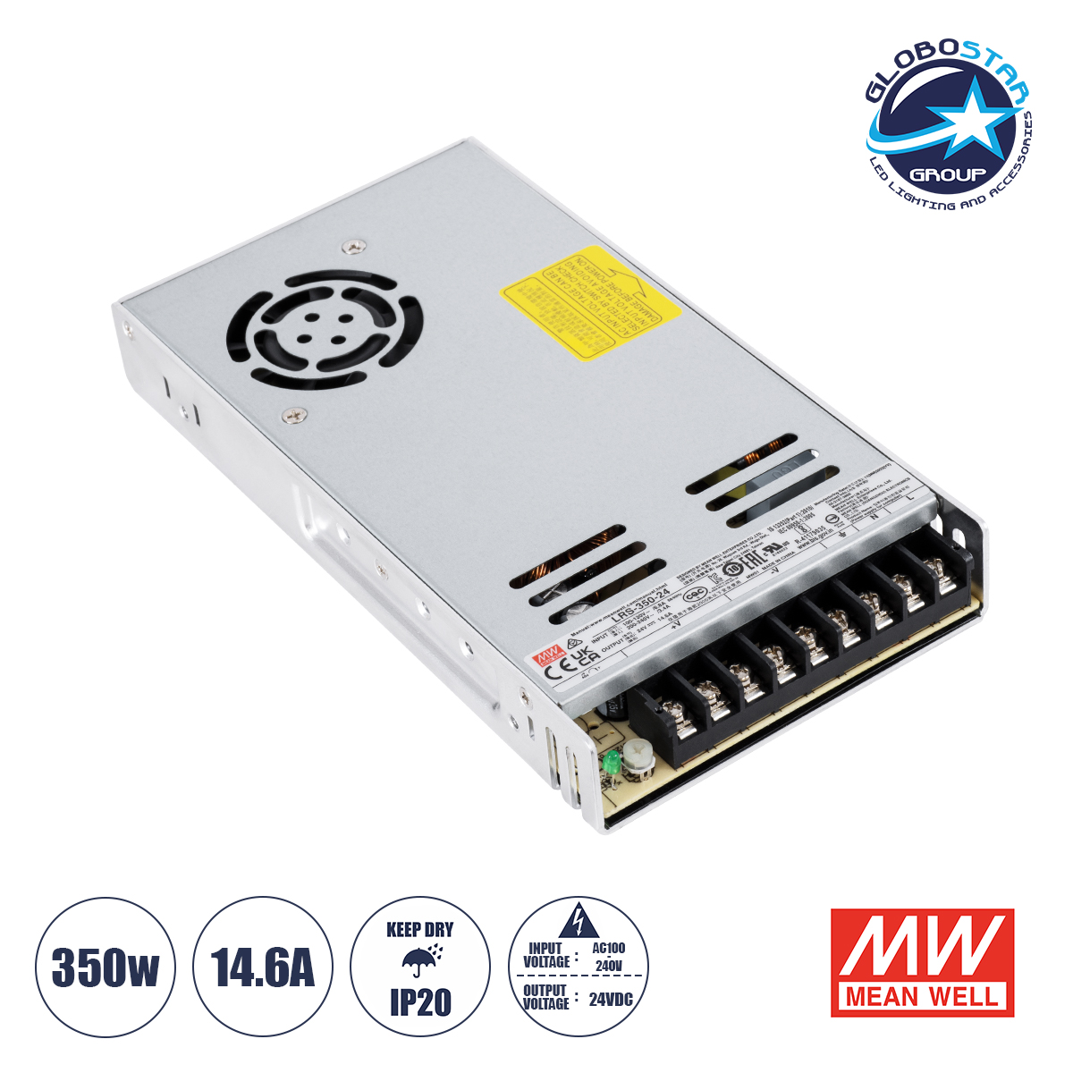GLOBOSTAR® MEANWELL-LRS350-24 61531 Τροφοδοτικό/Μετασχηματιστής Class II PELV 350W 14.6A DC 24V IP20 - AC 220-240V σε DC 24V / Ρυθμιζόμενo από DC 21.6V έως DC 28.8V - Μ21.5 x Π11.5 x Υ3cm - 3 Χρόνια Εγγύηση