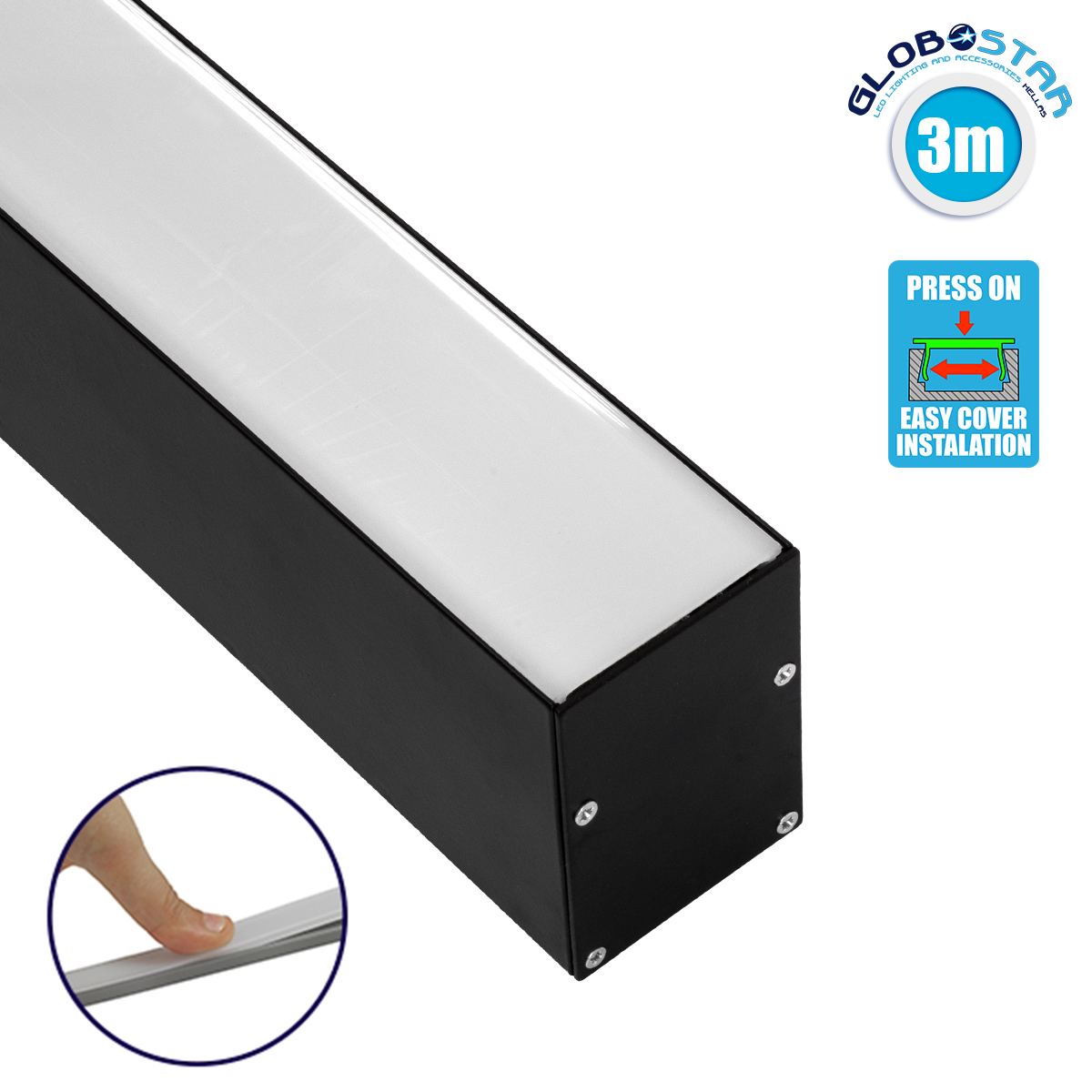 GLOBOSTAR® ALP-LINEAR VERTEX 70828-3M Επιφανειακό Προφίλ Αλουμινίου με Λευκό Γαλακτερό Πατητό Κάλυμμα για Ταινίες LED IP20 - Μαύρο & Λευκό - Μ300 x Π5 x Υ7cm