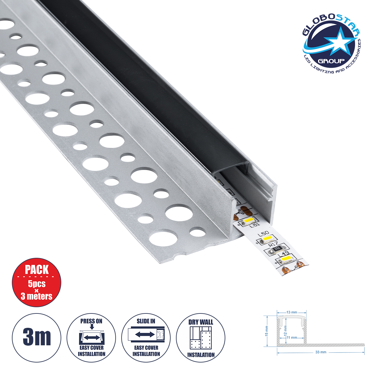 GLOBOSTAR® ALP-PLASTERIN GYPSO 70835-3M Χωνευτό Τερματικό Προφίλ Αλουμινίου Ειδικό για Γυψοσανίδα με Μαύρο Φιμέ Πατητό Κάλυμμα για Ταινίες LED IP20 - Ασημί & Μαύρο - Μ300 x Π3.1 x Υ1.3cm - Πακέτο 5 Τεμαχίων