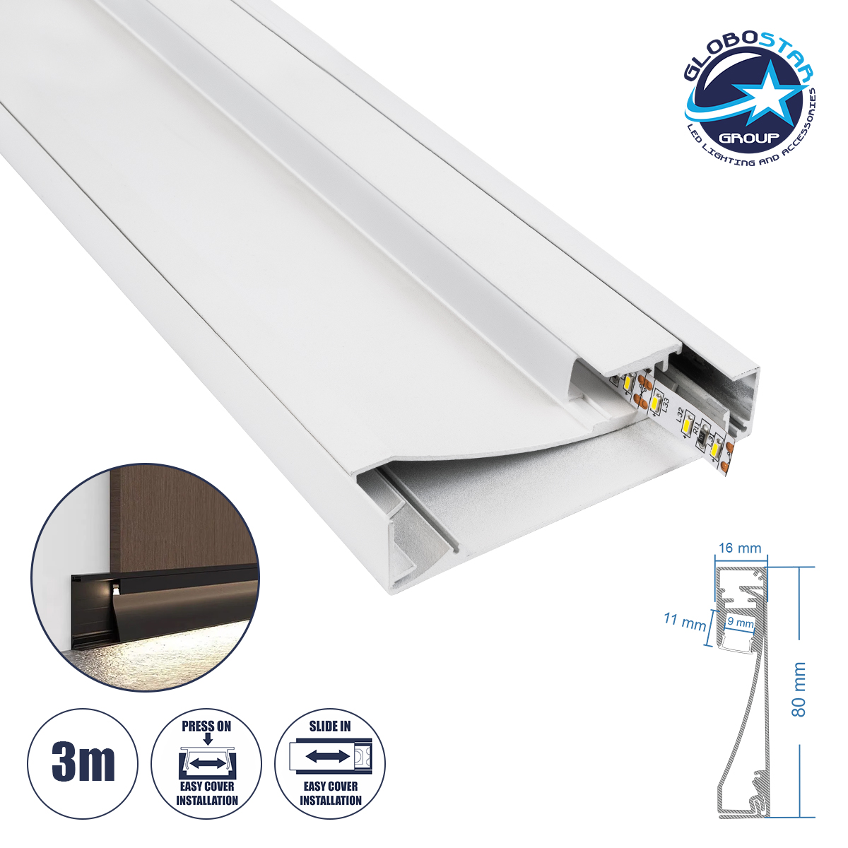 GloboStar® SKIRTINGBOARD-PROFILE 70851-3M Προφίλ Αλουμινίου - Βάση & Ψύκτρα Ταινίας LED με Λευκό Γαλακτερό Κάλυμμα - Επιφανειακή Χρήση για Περβάζι - Πατητό Κάλυμμα - Λευκό - 3 Μέτρα - Μ300 x Π1.6 x Υ8cm