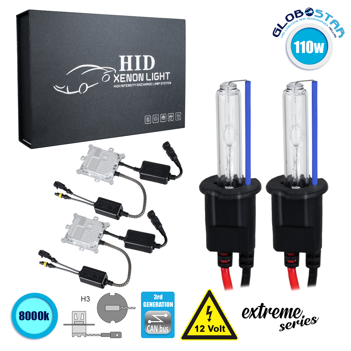 GloboStar® 84156 H3 XCB Line KIT Βασικού Φωτισμού Αυτοκινήτου & Μοτοσυκλέτας 3rd Generation Can-Bus Extreme Series XENON 110W 10350lm DC 9-16V Αδιάβροχο IP65 Ψυχρό Λευκό 8000K