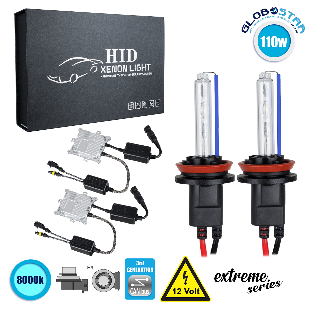 GloboStar® 84160 H9 XCB Line KIT Βασικού Φωτισμού Αυτοκινήτου & Μοτοσυκλέτας 3rd Generation Can-Bus Extreme Series XENON 110W 10350lm DC 9-16V Αδιάβροχο IP65 Ψυχρό Λευκό 8000K