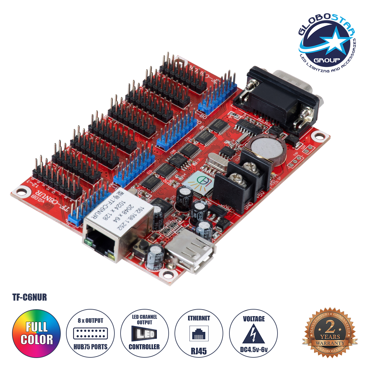 GloboStar® TF-C6NUR 90386 LED Receiving Card 8 x HUB75 - Κάρτα Καναλιών για Ψηφιακές Οθόνες LED Video Wall Single Color W2048 x H64 & W1024 x H128 - Double Color W1024 x H64 - W512 x H128 - Gigabit Network Linkable - DC 3.5~6V - IP20 Μ11.7 x Π7.8 x Υ1.6cm