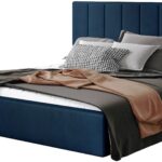 Επενδυμένο κρεβάτι Dobrik-140 x 200-Μπλέ-Με μηχανισμό ανύψωσης