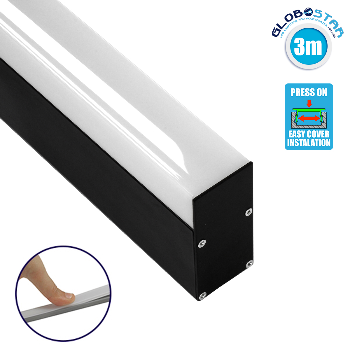 GloboStar® SURFACEPENDANT-PROFILE 70832-3M Προφίλ Αλουμινίου - Βάση & Ψύκτρα Ταινίας LED με Λευκό Γαλακτερό Κάλυμμα - Επιφανειακή & Κρεμαστή Χρήση - Πατητό Κάλυμμα - Μαύρο - 3 Μέτρα - Μ300 x Π3.5 x Υ7.4cm