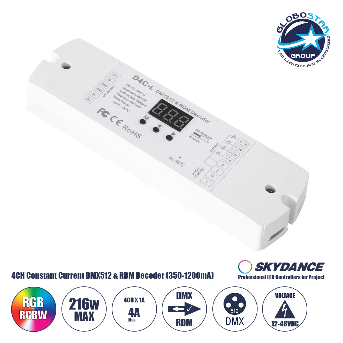 GloboStar® 73146 D4C-L SKYDANCE DC DMX512 Constant Current & RDM Decoder 4 Καναλιών DC 12-48V 4 x 1A 54W - Max 4A 216W - IP20 Μ17 x Π5 x Υ2.5cm - 5 Χρόνια Εγγύηση